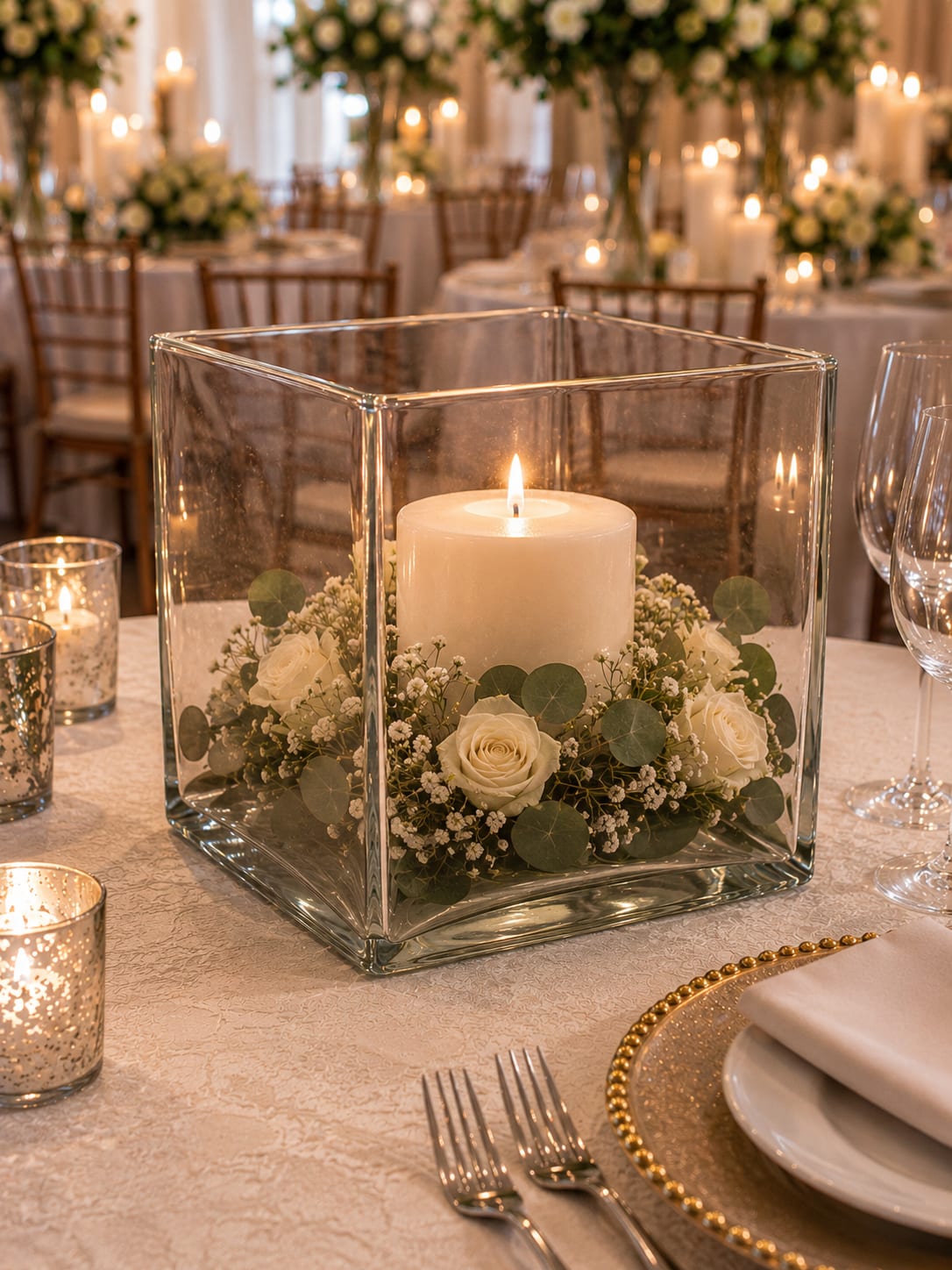 Large Isabelle Cube - The Isabelle Cube has become a favorite for weddings and special events because it creates a strong visual impact without relying on towering arrangements or oversized décor. Its clean lines and generous size make it the perfect foundation for lush floral centerpieces, floating candle displays, greenery arrangements, seasonal décor, submerged flowers, fairy lights, and dramatic reception designs.  What makes the Isabel Cube special is its versatility. One event may feature it overflowing with romantic roses and hydrangeas. Another may showcase floating candles and soft greenery. A third may transform it into a modern statement piece with orchids, branches, or seasonal accents. The possibilities are limited only by imagination.  Its contemporary cube design brings structure and balance to a tablescape while allowing flowers and décor to remain the stars of the show. Whether you’re planning a classic wedding, a romantic garden celebration, a modern reception, an upscale corporate event, or an elegant anniversary party, the Isabel Cube adapts beautifully to your vision.