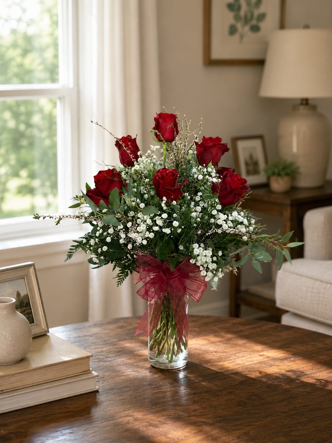 Red roses in a clear glass vase with white filler flowers and a burgundy ribbon