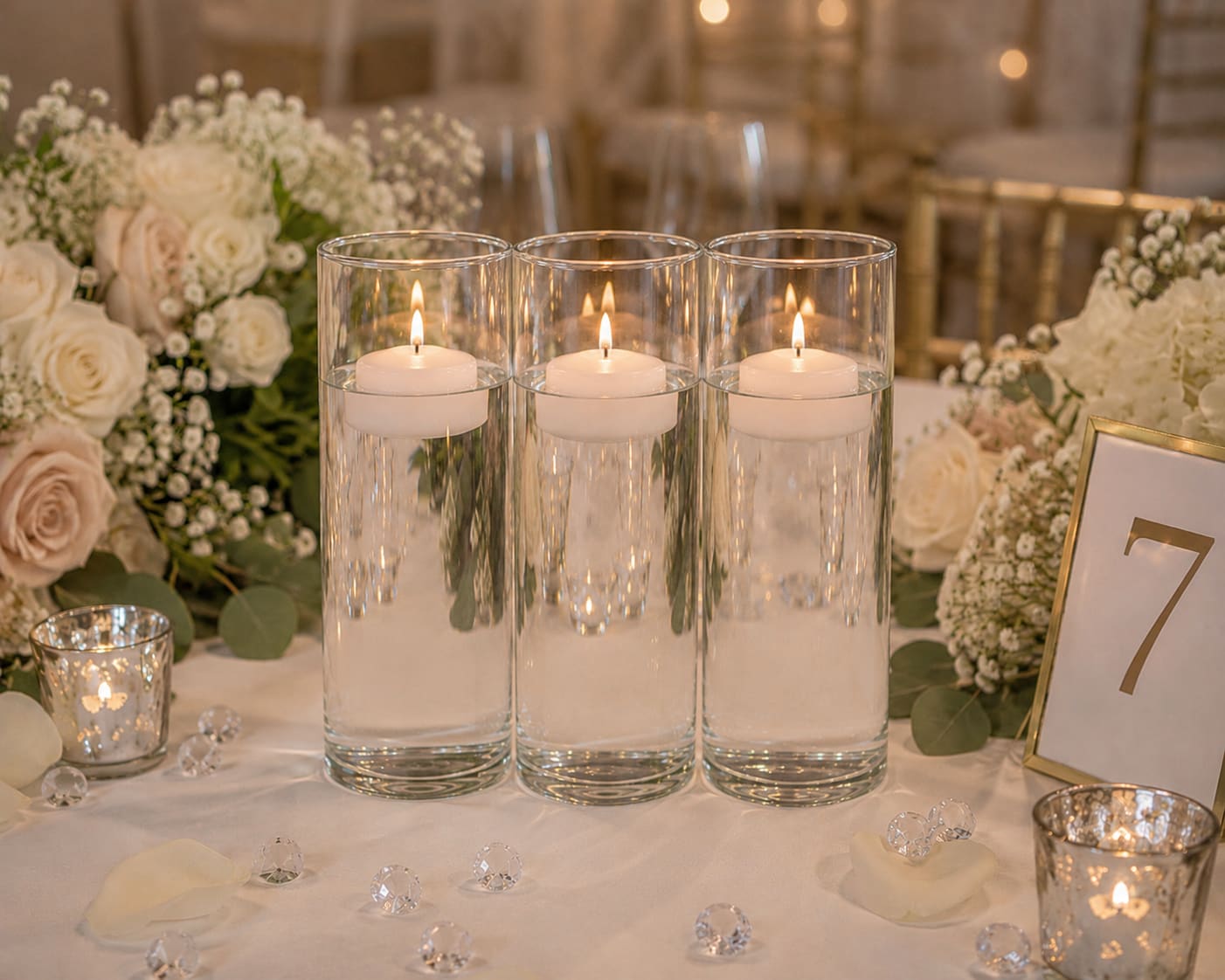 Three floating candles in glass cylinders on a floral table centerpiece