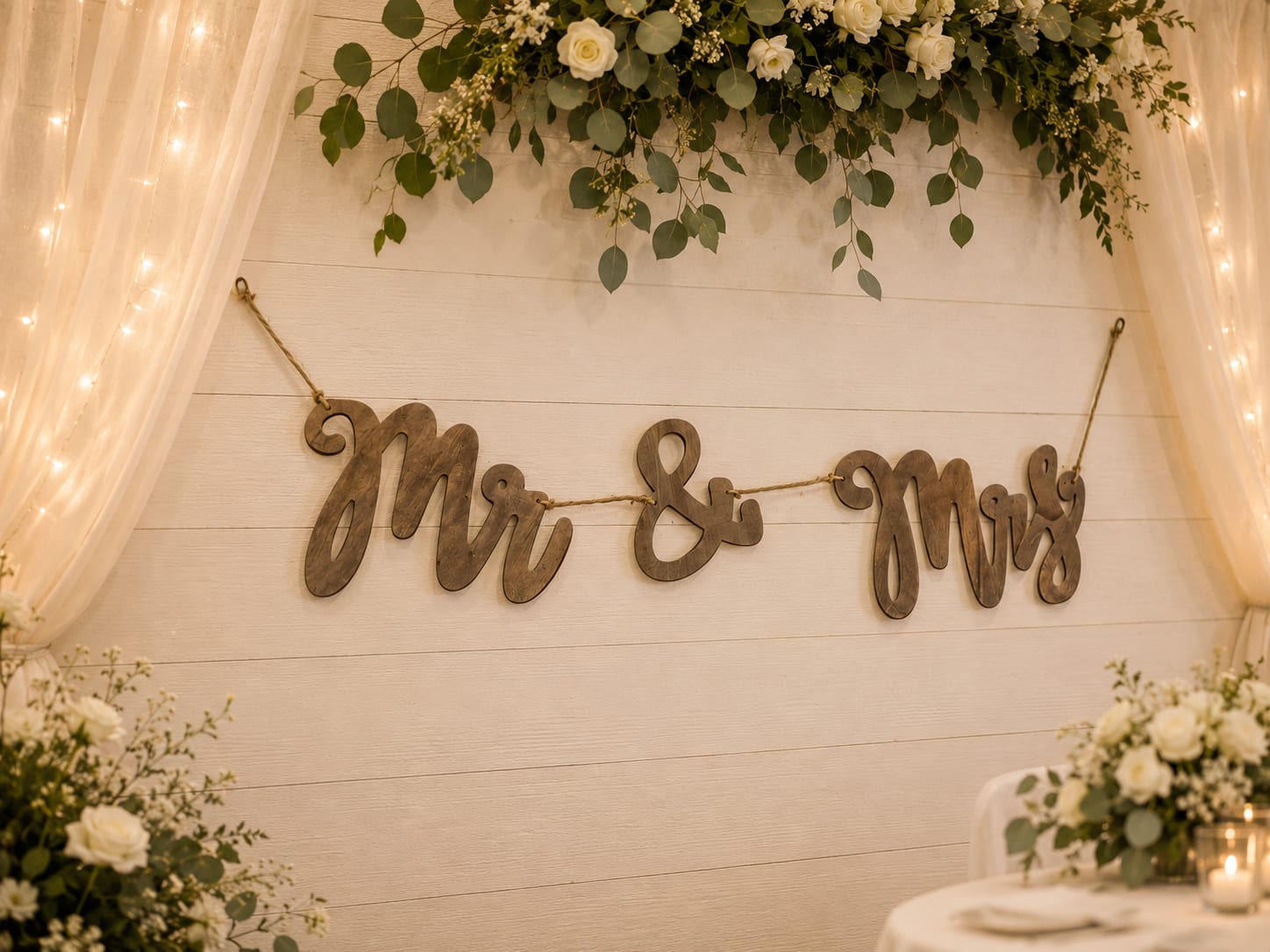 Wedding backdrop with a "Mr &amp; Mrs" sign and white floral arrangements