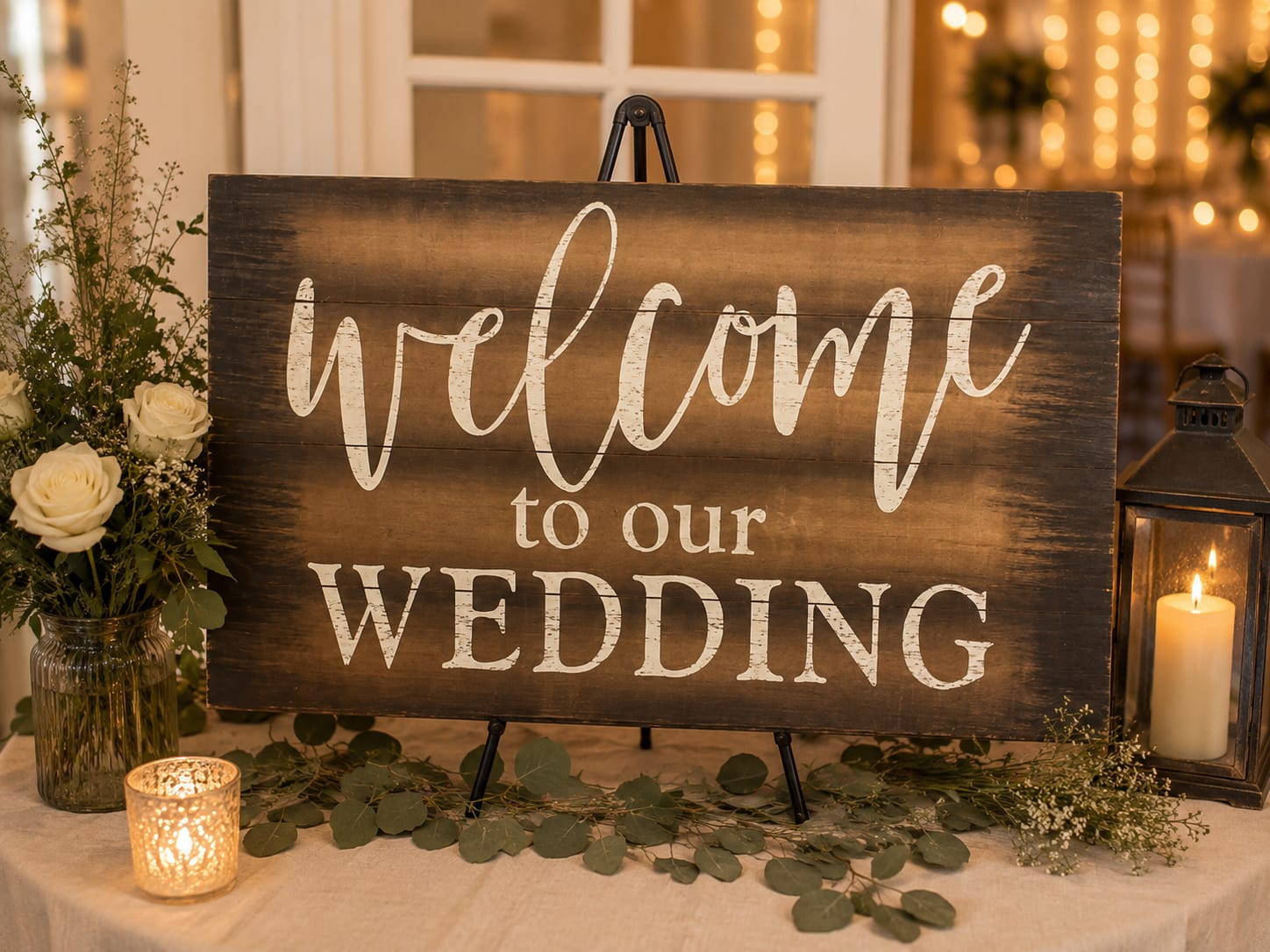 Wedding welcome sign on an easel with white roses and candles