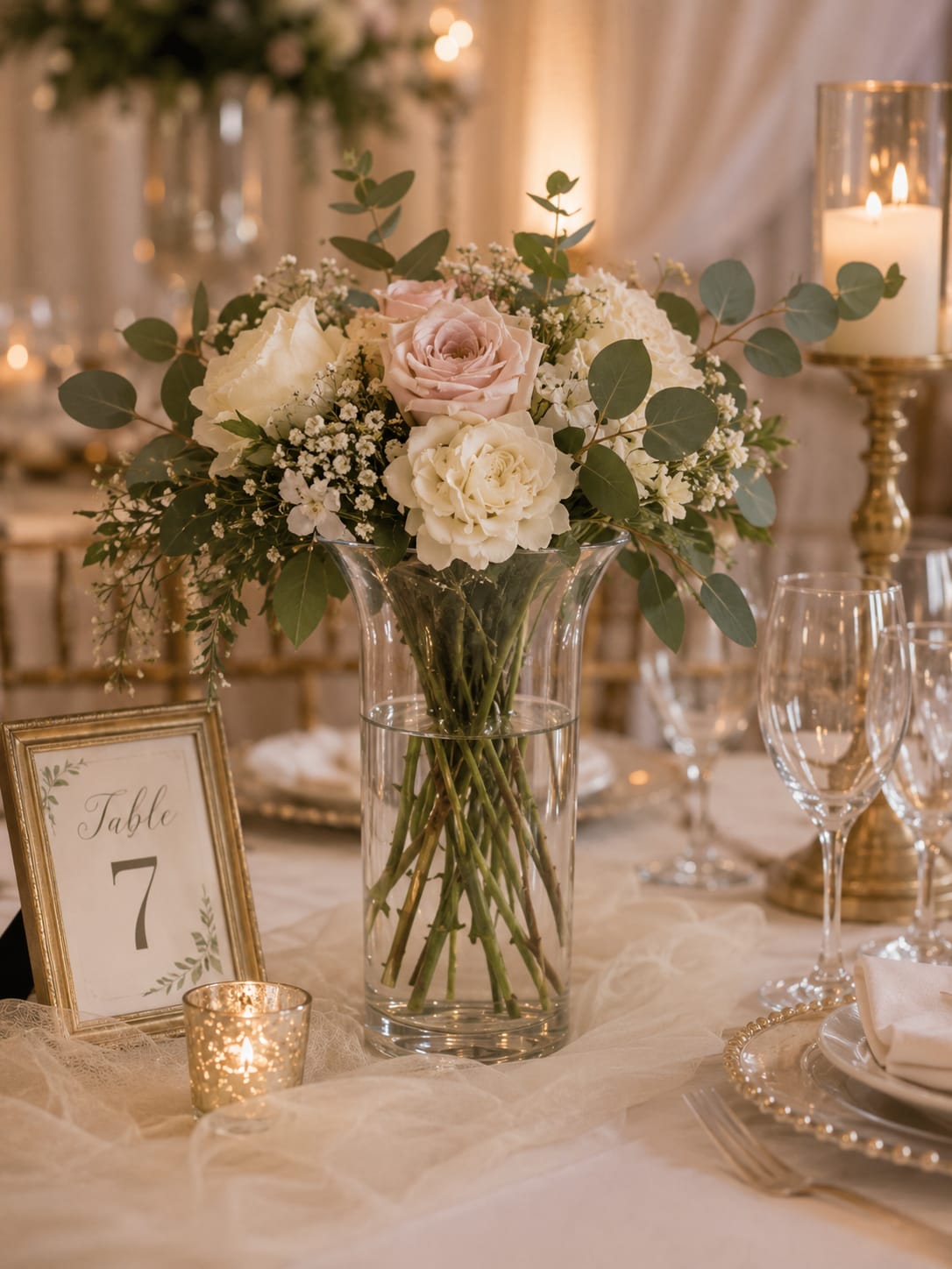 White and blush roses in a clear glass vase on a decorated table