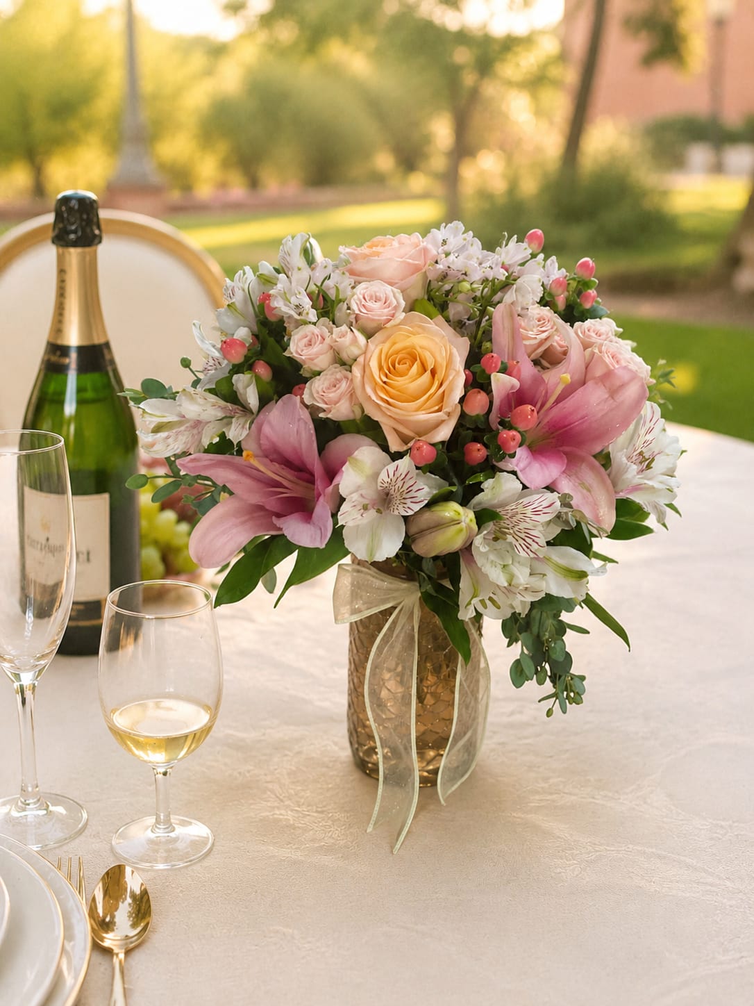 SPECIAL ORDER The Champagne Collection - Imagine the moment they walk into the room and see it waiting for them. The smile. The surprise. The feeling of being celebrated, appreciated, and truly loved. That’s the experience The Champagne Collection was designed to create.  Whether you’re celebrating an anniversary, engagement, birthday, promotion, retirement, new baby, wedding, or another special milestone, this luxurious floral collection transforms an ordinary day into an unforgettable memory. Soft blush blooms, elegant roses, premium flowers, and sophisticated textures come together in a design that feels as joyful and uplifting as a champagne toast.  Available in Standard, Deluxe, and Premium sizes, The Champagne Collection offers a beautiful way to match the moment. From an intimate expression of love and gratitude to a grand celebration filled with elegance and style, each arrangement is thoughtfully designed to leave a lasting impression.  The best gifts aren’t remembered because of what they cost. They’re remembered because of how they made someone feel. That’s why The Champagne Collection isn’t just about flowers. It’s about creating a moment of happiness, connection, celebration, and joy that lingers long after the blooms have faded.  Flowers may vary based on seasonal availability, but the overall look, color palette, style, and luxurious feel of the arrangement will be maintained.