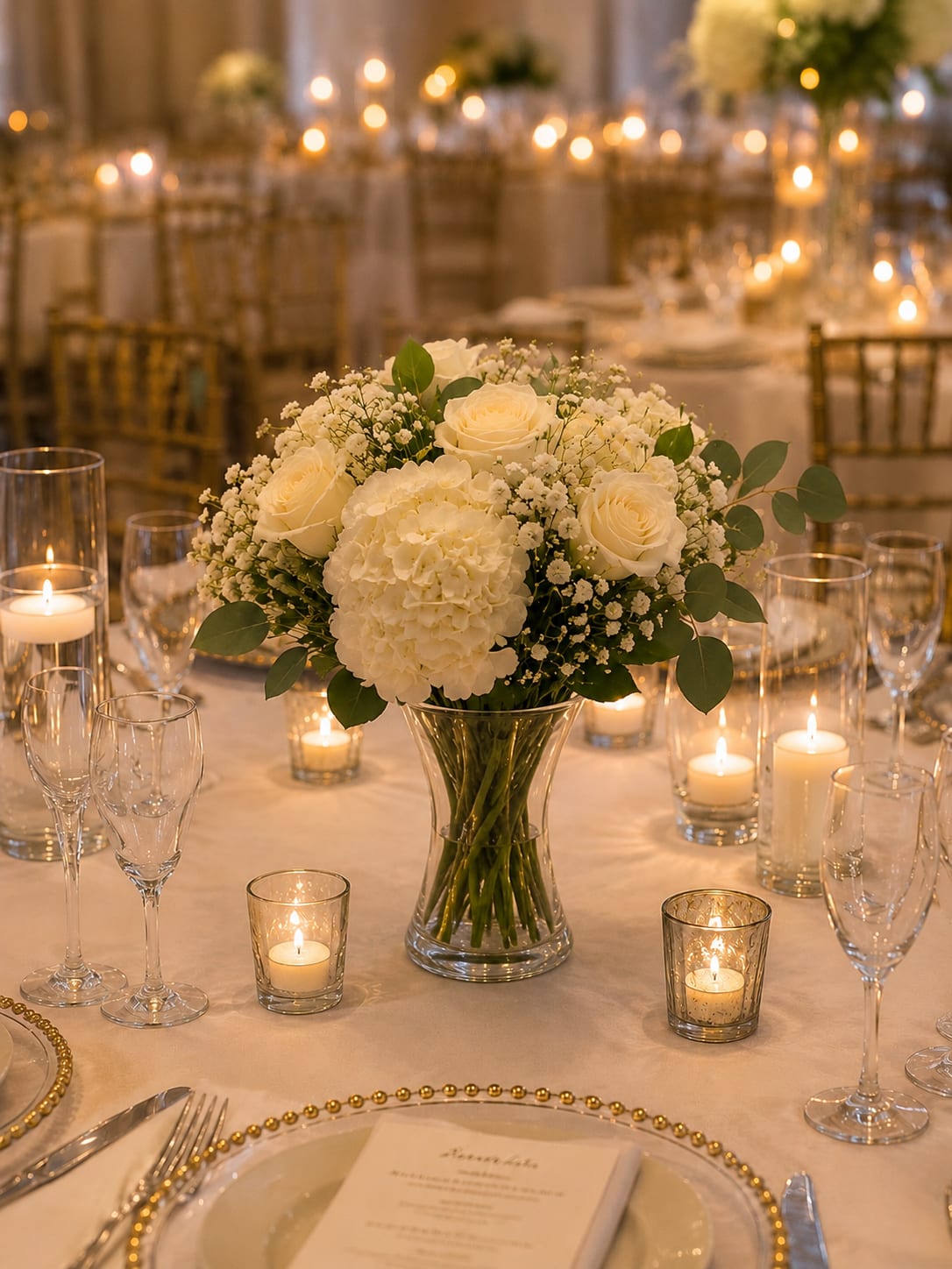 White rose and hydrangea centerpiece in a glass vase on a candlelit table