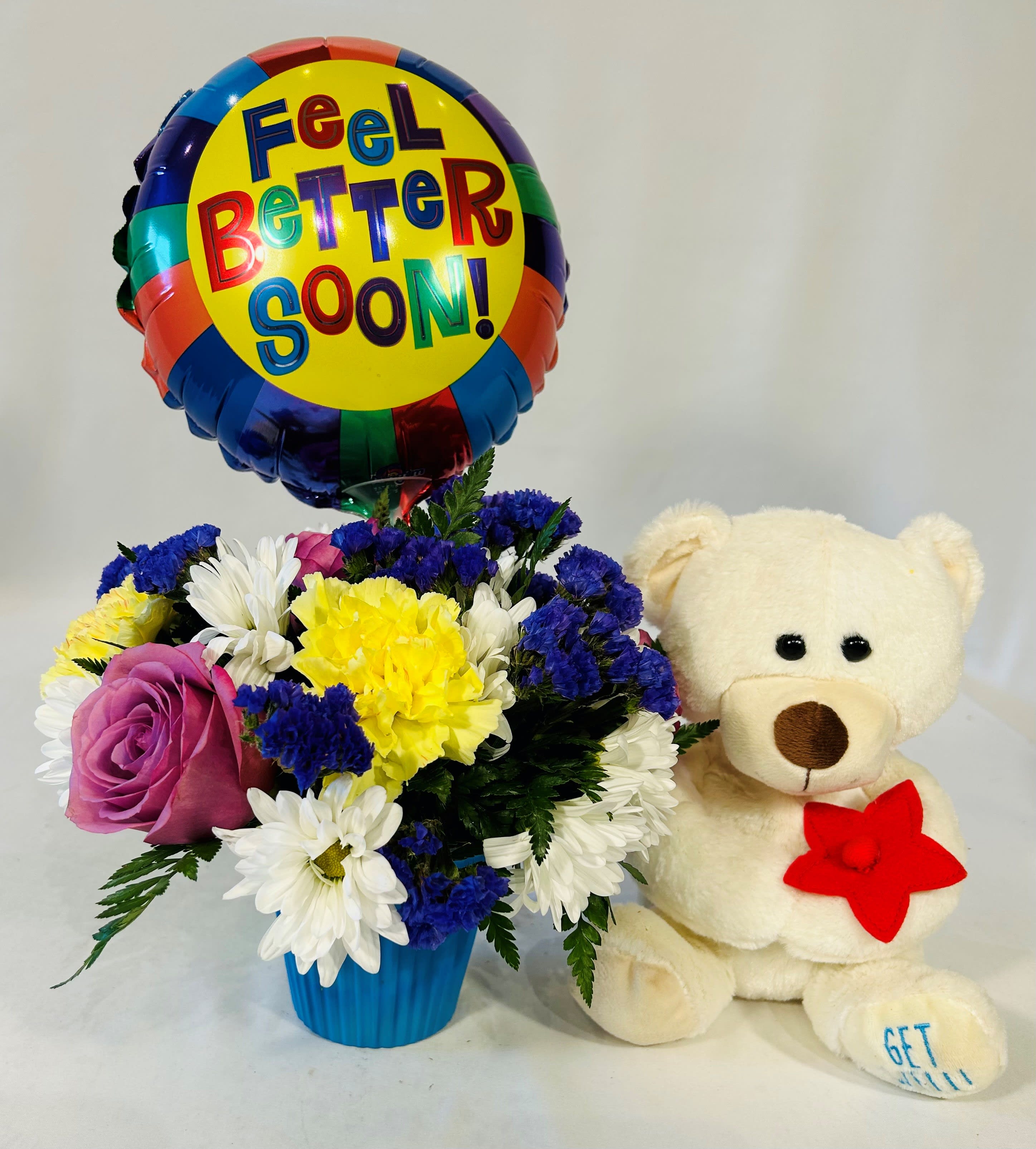 Get Well Soon Bear and Balloon Bouquet - Get Well Soon bouquet,  8" Bear with Get Well on paw and Small 6" Balloon. Perfect for someone that could use a pick me up when they are feeling ill. 
