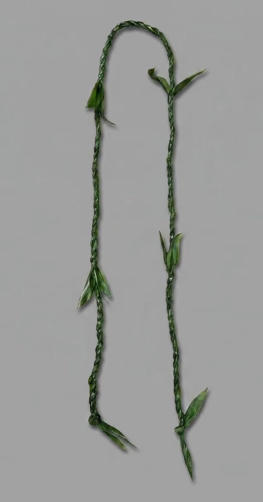 Braided green floral garland with small leaf accents on a gray background