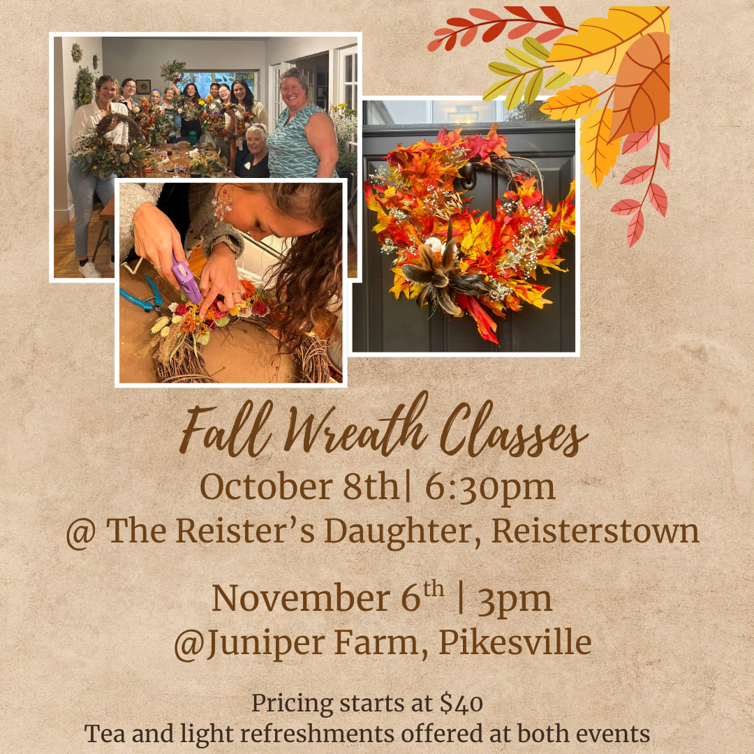 Fall wreath class flyer with autumn wreath photos and event details