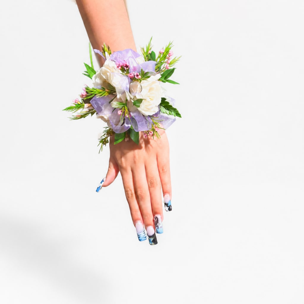 White floral wrist corsage with lavender ribbon on a person's wrist