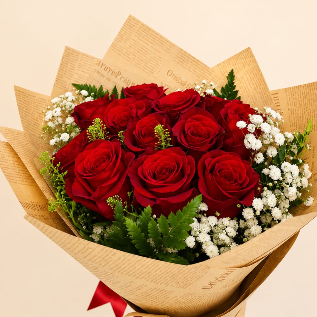 Bouquet of red roses with white baby's breath in brown paper wrap