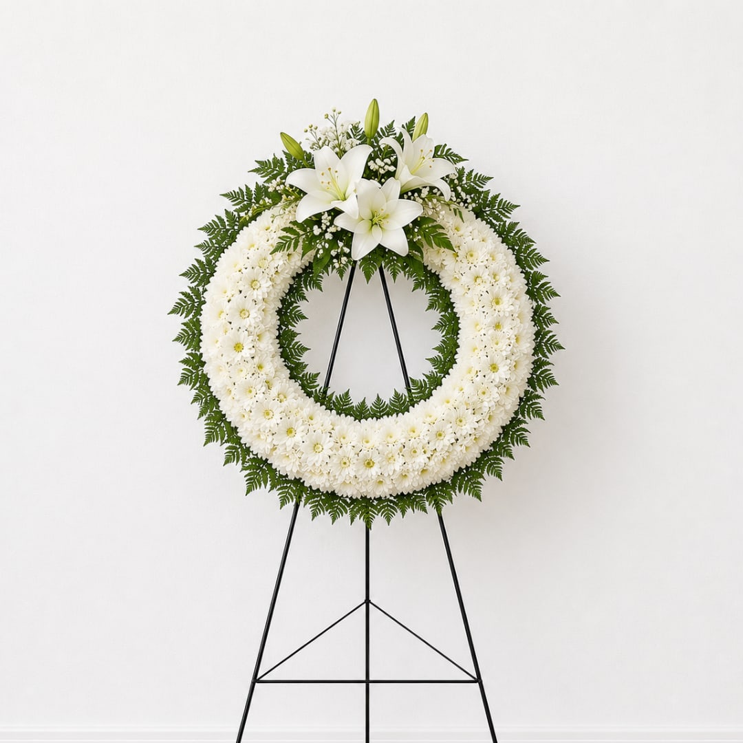 White floral wreath on a black easel with lilies and daisies