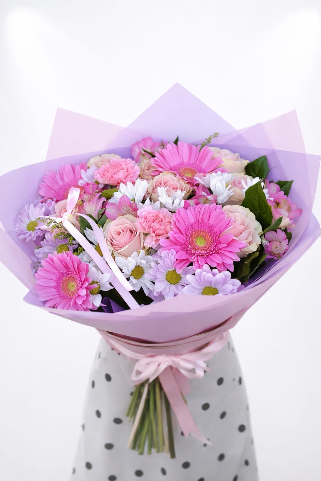 Pink and lavender bouquet with gerbera daisies, roses, and daisies wrapped in purple paper