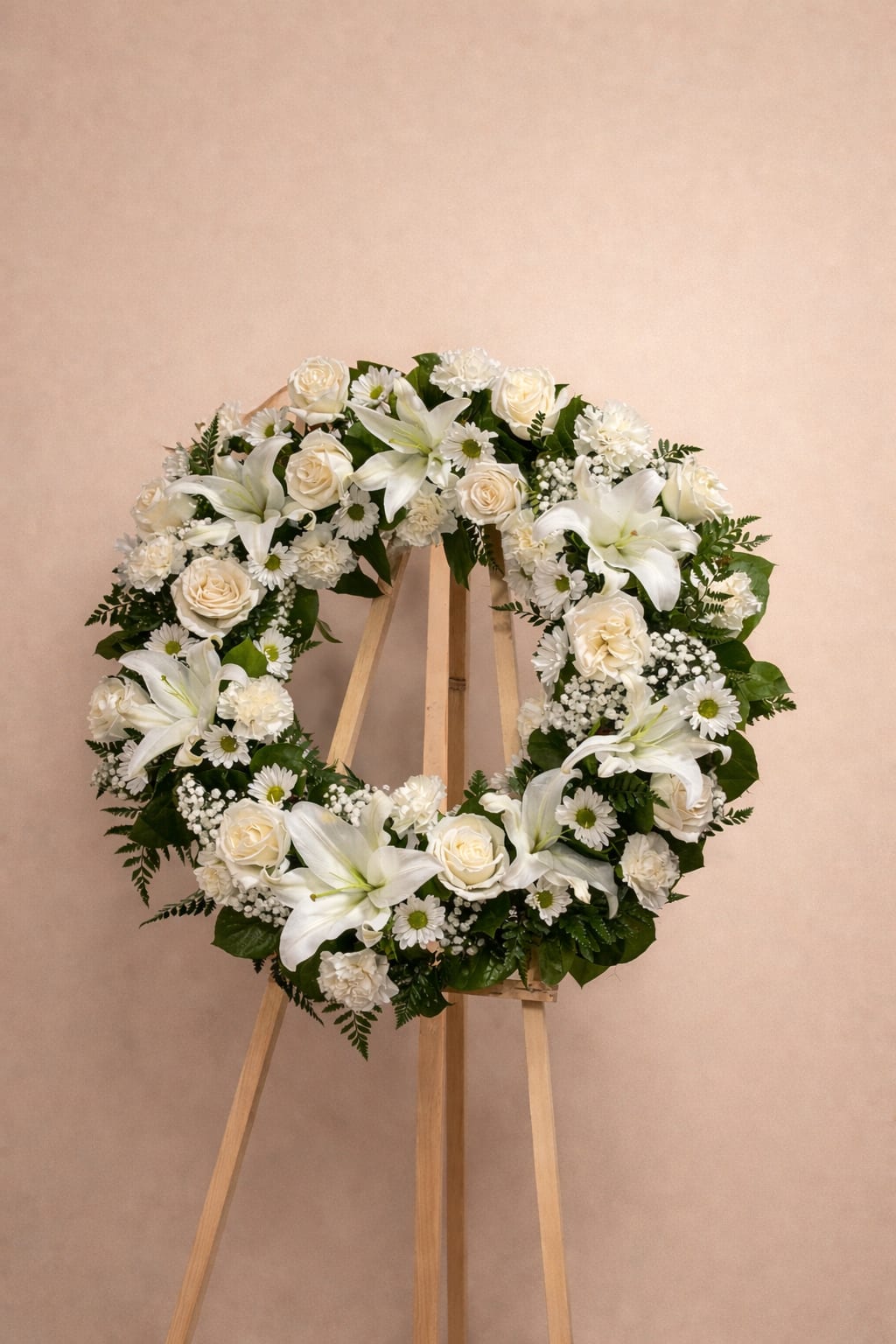 White floral wreath on a wooden easel with roses and lilies