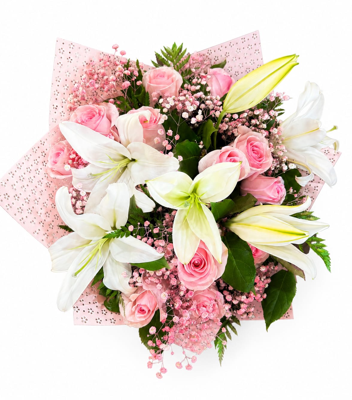 Sweet Lily Blush - A graceful hand-tied bouquet featuring elegant white lilies, soft pink roses, delicate pink baby’s breath, and lush greenery, wrapped in premium blush floral paper. A timeless design perfect for birthdays, anniversaries, baby showers, congratulations, or simply letting someone know they’re loved.