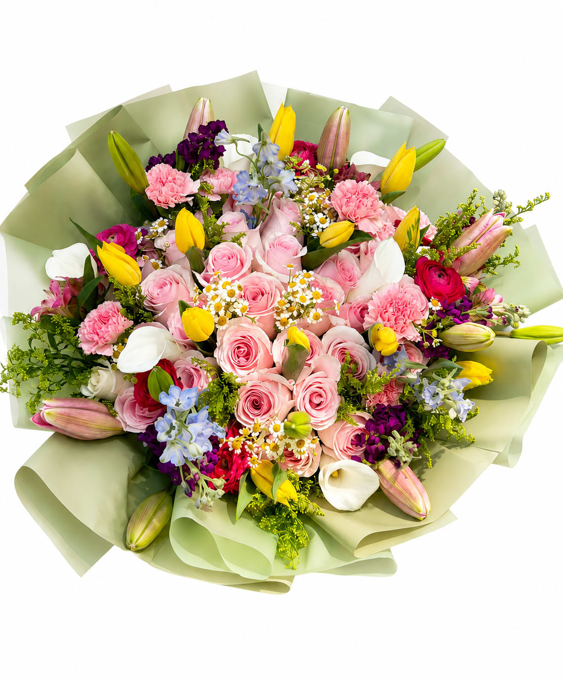 Enchanted Garden - A luxurious hand-tied bouquet featuring soft pink roses, yellow tulips, elegant lilies, white calla lilies, carnations, ranunculus, and delicate seasonal blooms. Wrapped in soft sage-green paper, this cheerful and romantic arrangement is perfect for birthdays, anniversaries, celebrations, or simply brightening someone’s day with timeless beauty.