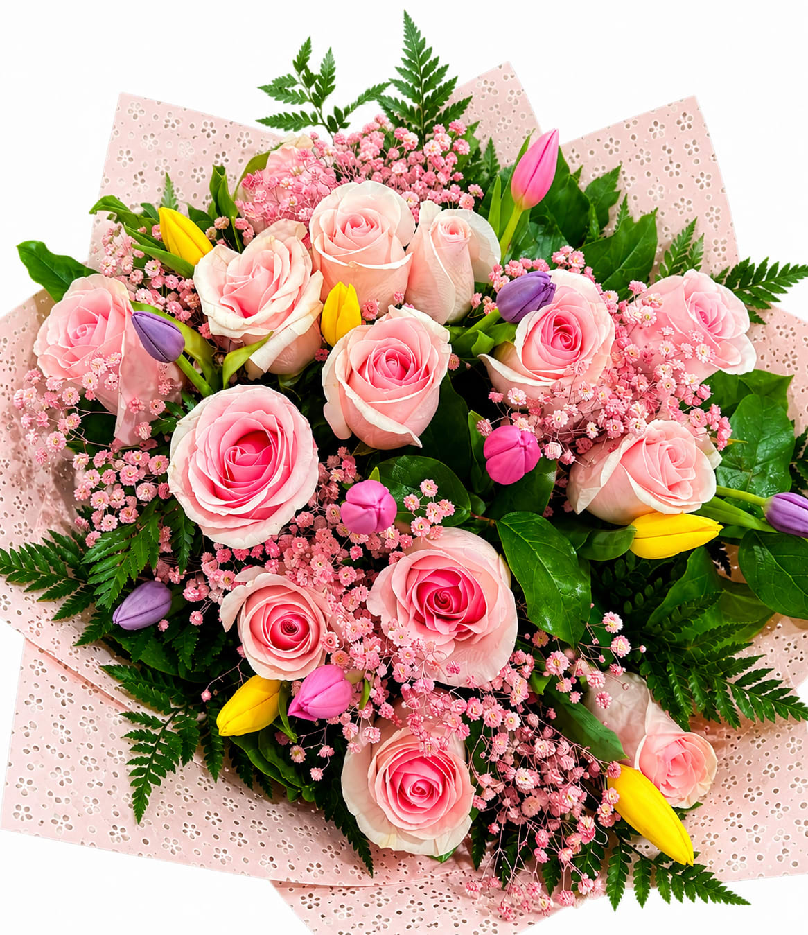 Pastel Dreams - A graceful bouquet featuring premium blush pink roses, cheerful tulips, delicate pink baby’s breath, and lush greenery, beautifully wrapped in elegant blush floral paper. Designed with a fresh garden-inspired style, this arrangement is perfect for birthdays, anniversaries, congratulations, or simply letting someone know they’re loved. Soft, romantic, and timeless, it’s a bouquet that leaves a lasting impression. 