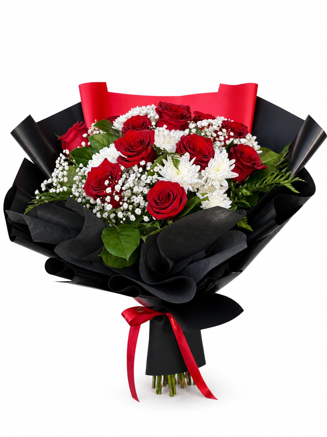 Classic Romance  - 12 red roses with white blooms and baby’s breath, elegantly wrapped in premium black and red paper for a classic, romantic gift.