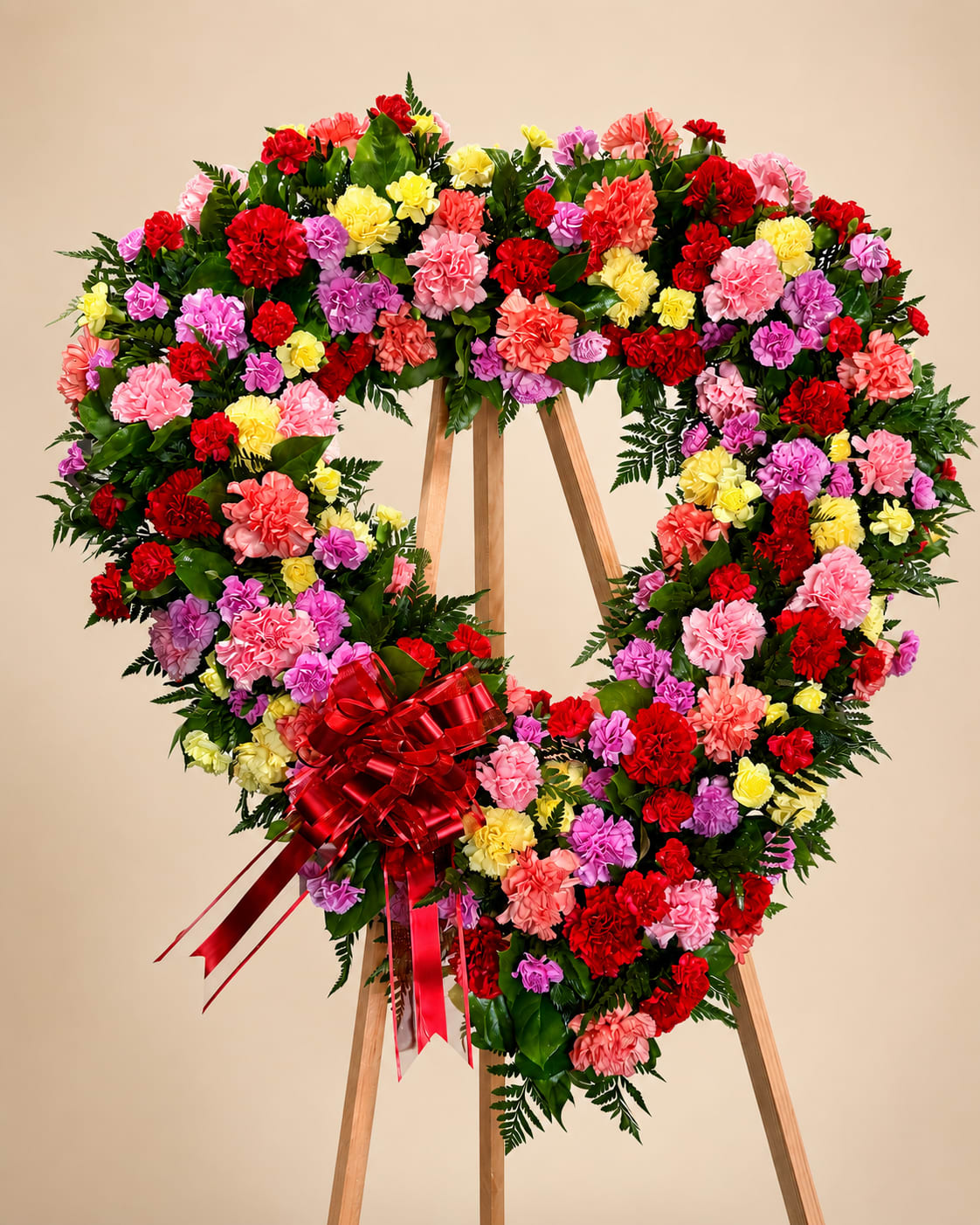 Garden Of Grace - A lush heart-shaped standing wreath featuring vibrant carnations in shades of red, pink, lavender, peach, and soft yellow, accented with rich greenery and finished with an elegant satin ribbon. This full, colorful design offers a beautiful expression of love, remembrance, and heartfelt sympathy while celebrating a life with warmth and beauty.