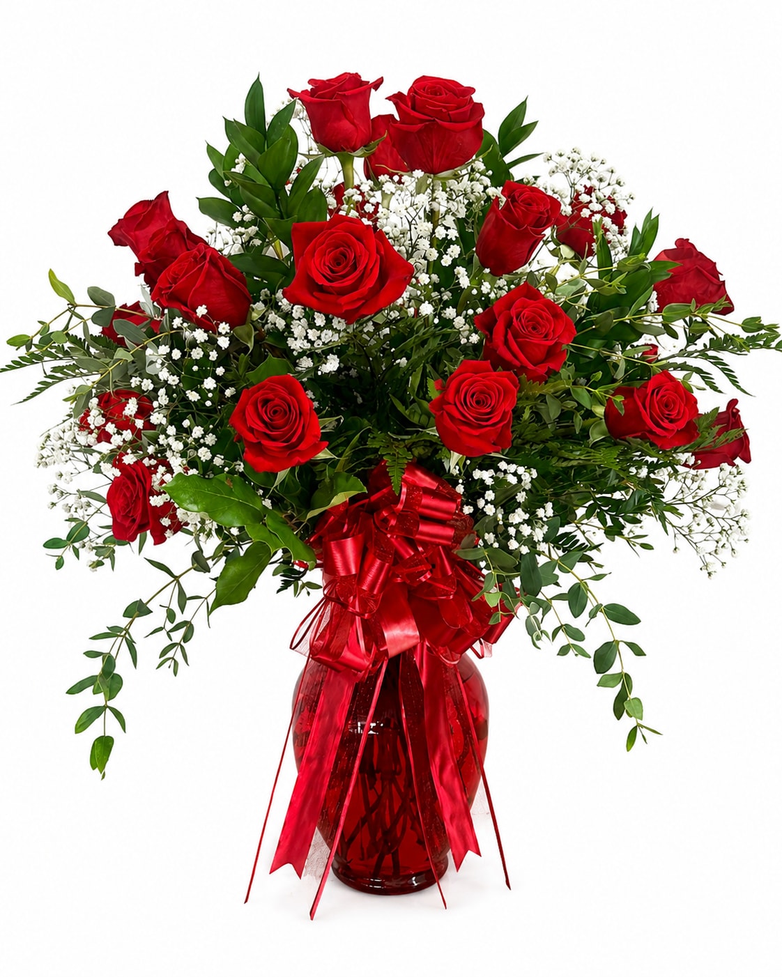 Classic Red Roses - 25 Ecuadorian premium red  roses are beautifully arranged with delicate baby’s breath, lush greenery, and a striking ruby red vase finished with an elegant bow. A grand expression of love, celebration, and admiration.