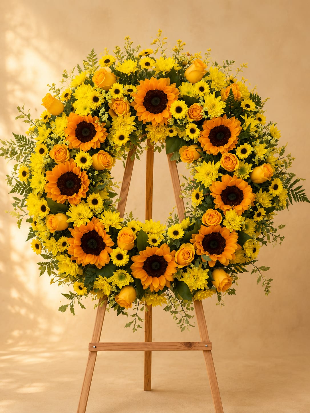Ray Of Sunshine  - A radiant sympathy wreath featuring sunflowers , yellow roses, and cheerful yellow blooms to honor a loved one with warmth,love, and  remembrance.