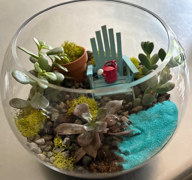 Succulent terrarium in a glass bowl with a tiny chair and watering can