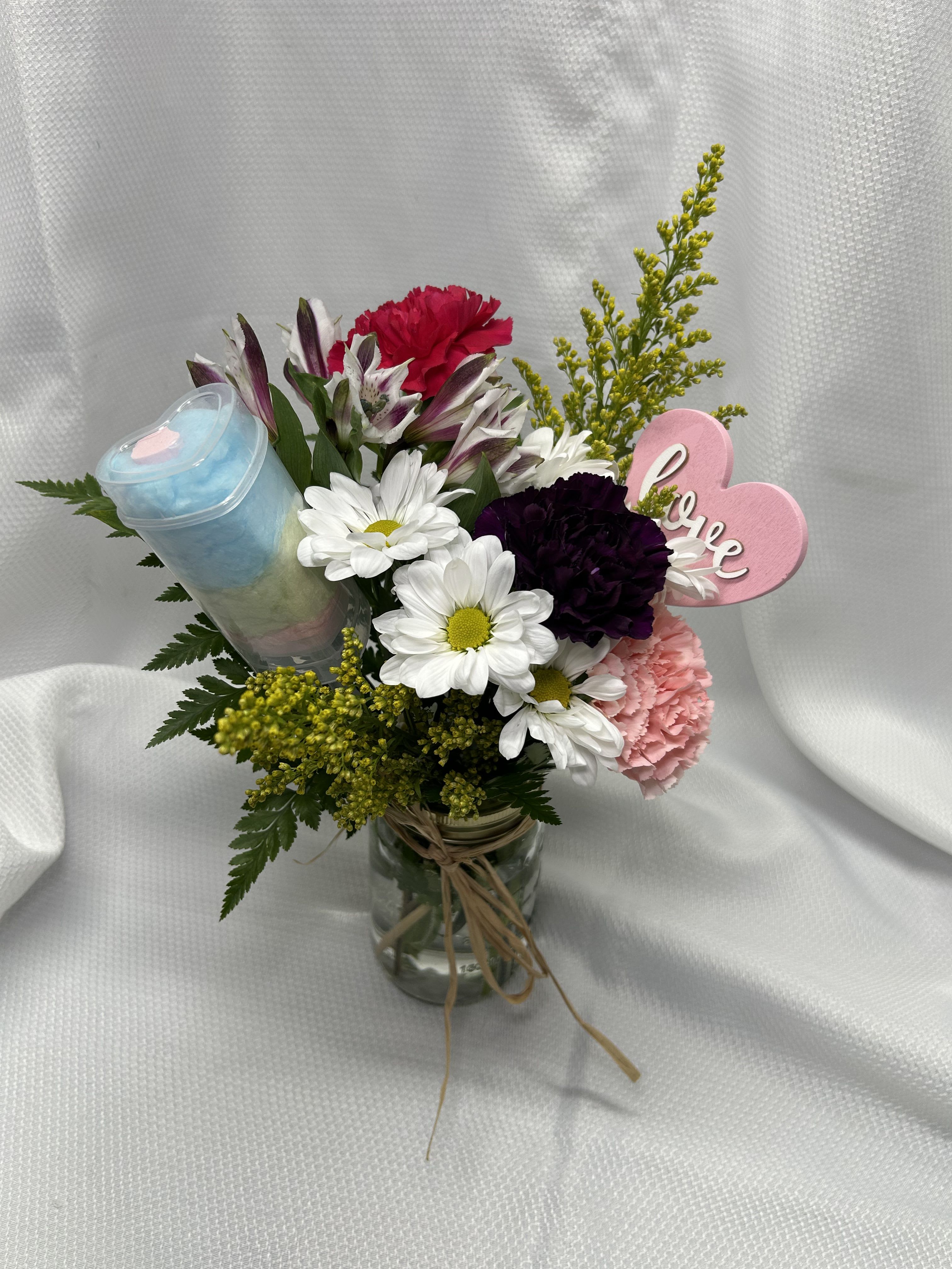 Cotton Candy Kisses - Small vase arrangement featuring carnations, daisies &amp; cotton candy “push pop”