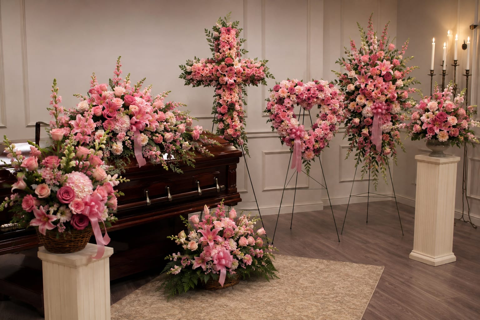 Pink funeral floral arrangements around a casket in a chapel
