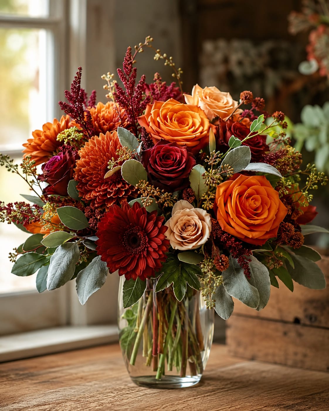 Autumn Sage By Petal Perfection  - A rich, autumnal bouquet built around warm orange and deep red roses, this flower arrangement is an ideal fall centerpiece or Thanksgiving bouquet that also works beautifully as an autumn birthday or seasonal gift. The mix of orange roses, deep red roses and burgundy blooms immediately reads cozy and celebratory-the kind of arrangement that makes the person you're thinking of feel seen and cherished during cooler-weather gatherings.  Layered with rust-toned chrysanthemums, pink and white highlights, and muted silver-green foliage, the composition feels full and textured without being fussy. Airy filler stems soften the silhouette while a clear glass vase keeps the look modern and versatile on a dining table or mantel. Sized to make an impression without overwhelming a room, it's a thoughtful choice for family dinners, hostess gifts, or to brighten someone's home for the season; standard care-fresh water and a cool spot away from direct heat-helps preserve its warm color and layered texture.