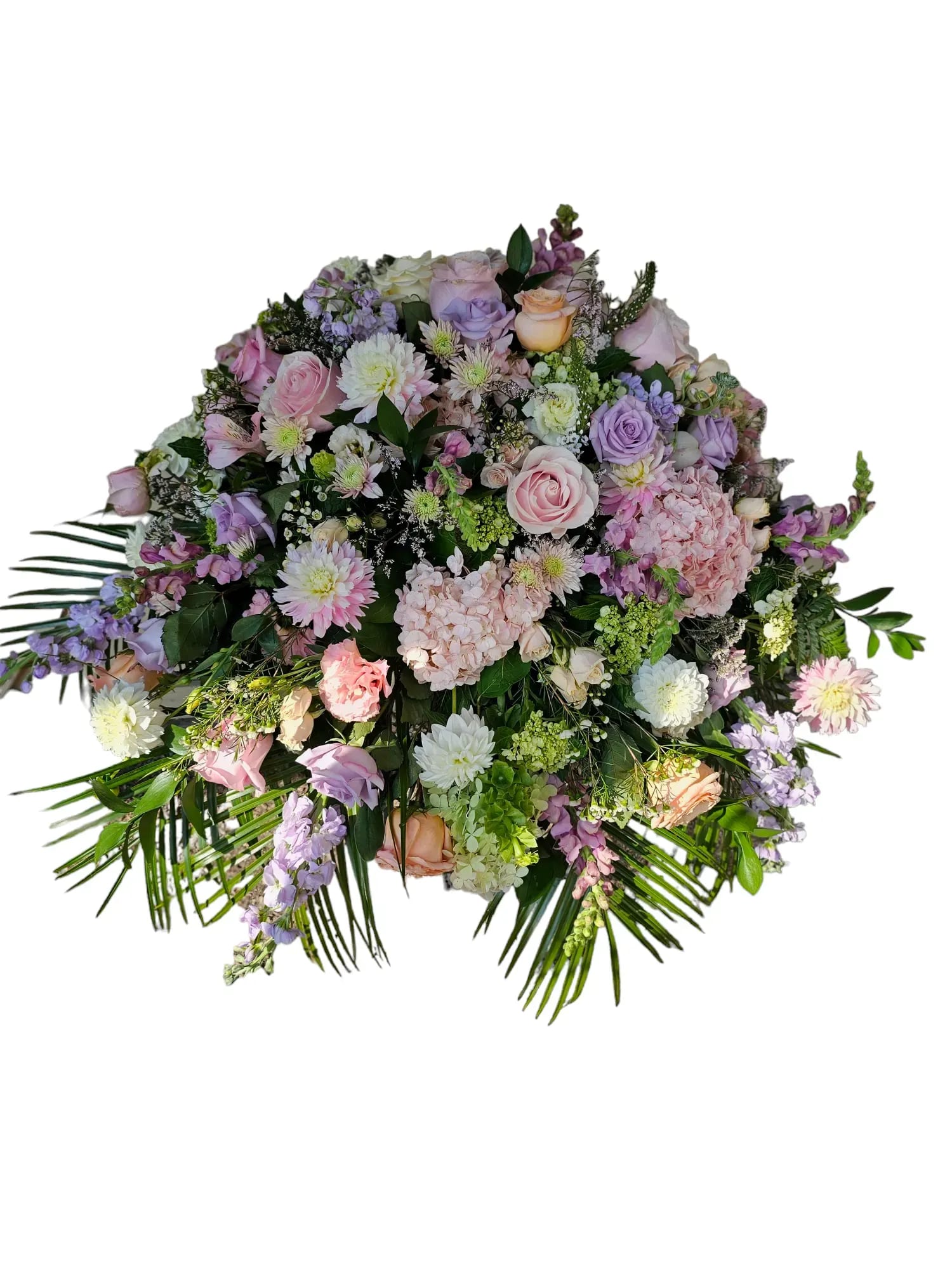 Large pastel bouquet with roses, hydrangeas, and mixed blooms