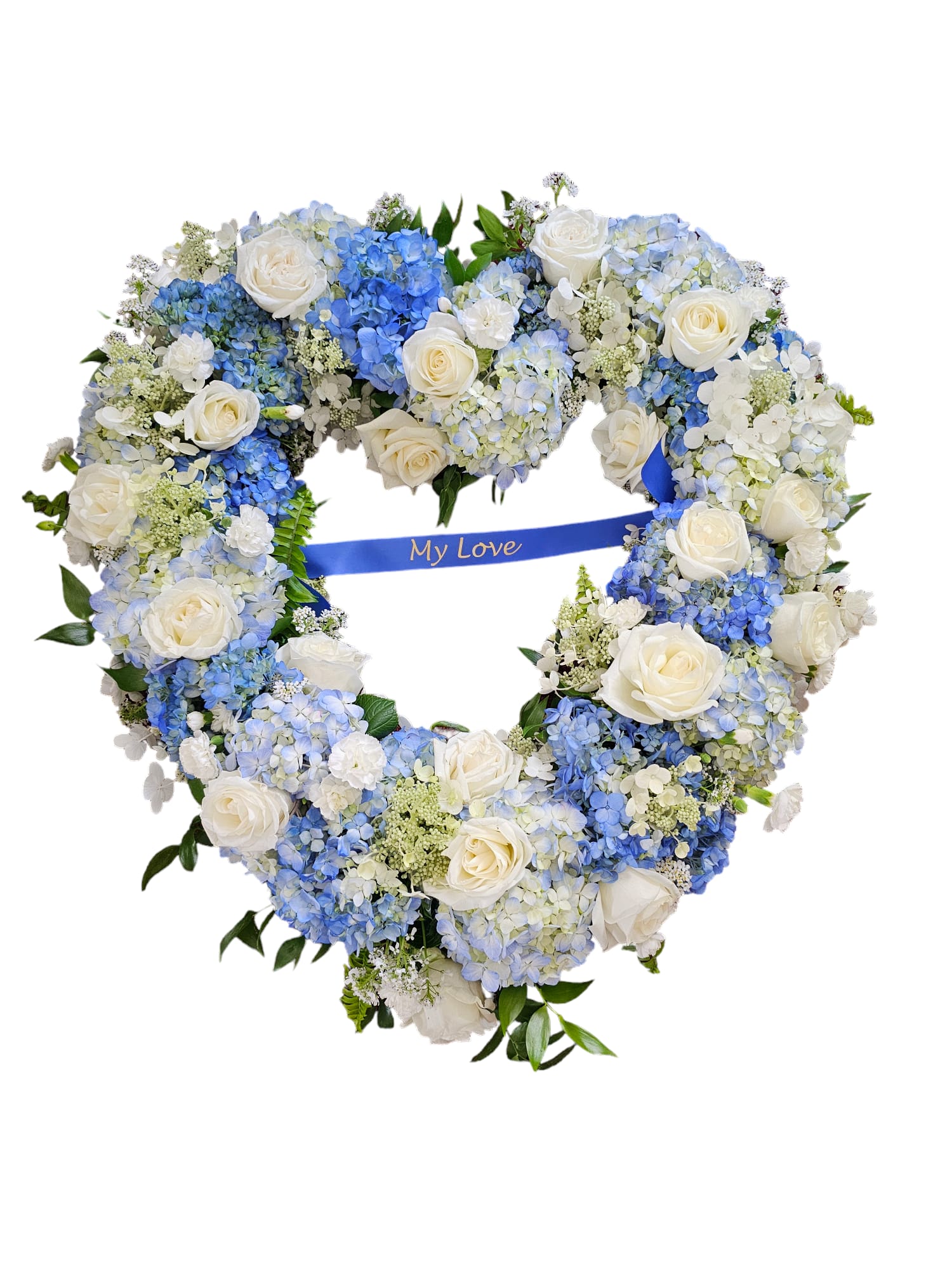 Heart-shaped floral wreath of white roses and blue hydrangeas with a blue ribbon