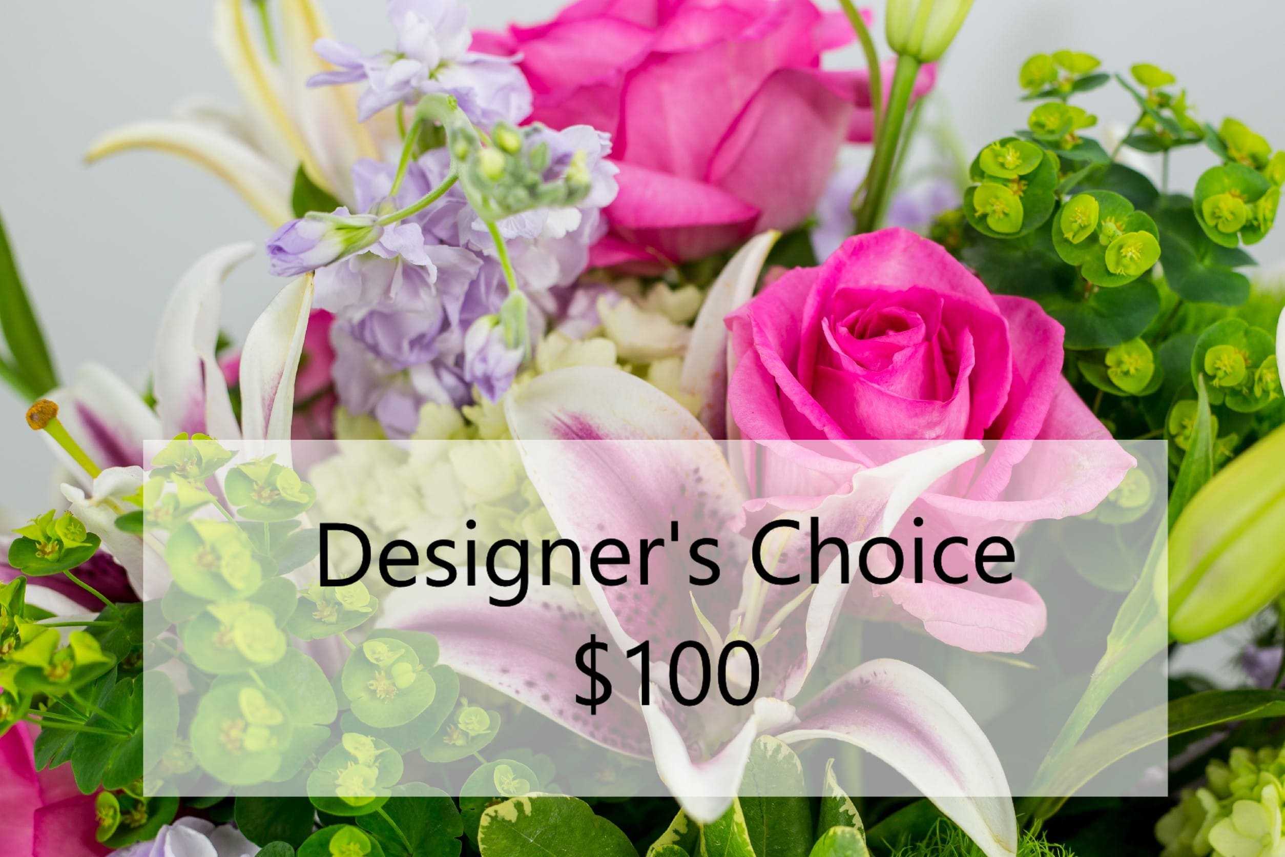 Mixed bouquet with pink roses, lilies, and purple flowers