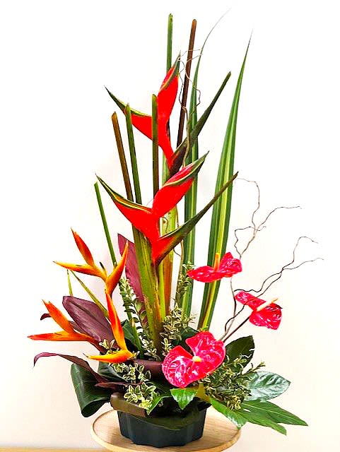 Erupting Hawaiian Tropics  - Brighten any space with our stylish tall arrangement, featuring an exquisite selection of colorful exotic flowers. This vibrant piece is the perfect gift for anyone, from loved ones to clients, and is sure to add a touch of elegance and cheer to any room or office.  Key Features:  Vibrant Design: Showcasing a stunning array of colorful exotic flowers, this tall arrangement is designed to make a bold and beautiful statement.  Versatile Gift: Ideal for any recipient, whether it’s a personal gift for a loved one or a thoughtful gesture for a client, this arrangement is perfect for any occasion.  Elevates Any Space: Perfect for brightening up rooms, offices, or reception areas, this arrangement brings a burst of color and a sense of joy to any environment.  Surprise someone special or enhance your own space with our Stylish Tall Arrangement with Exotic Flowers, and enjoy the beauty and freshness it brings.