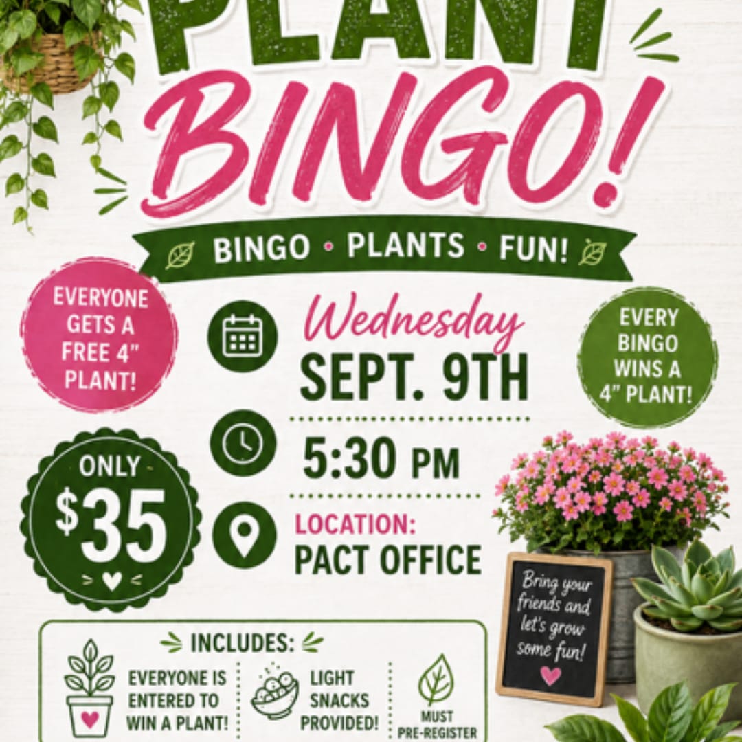 Promotional poster for a plant bingo event with potted plants and flowers