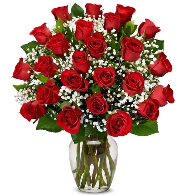 Bouquet of red roses and baby's breath in a clear glass vase