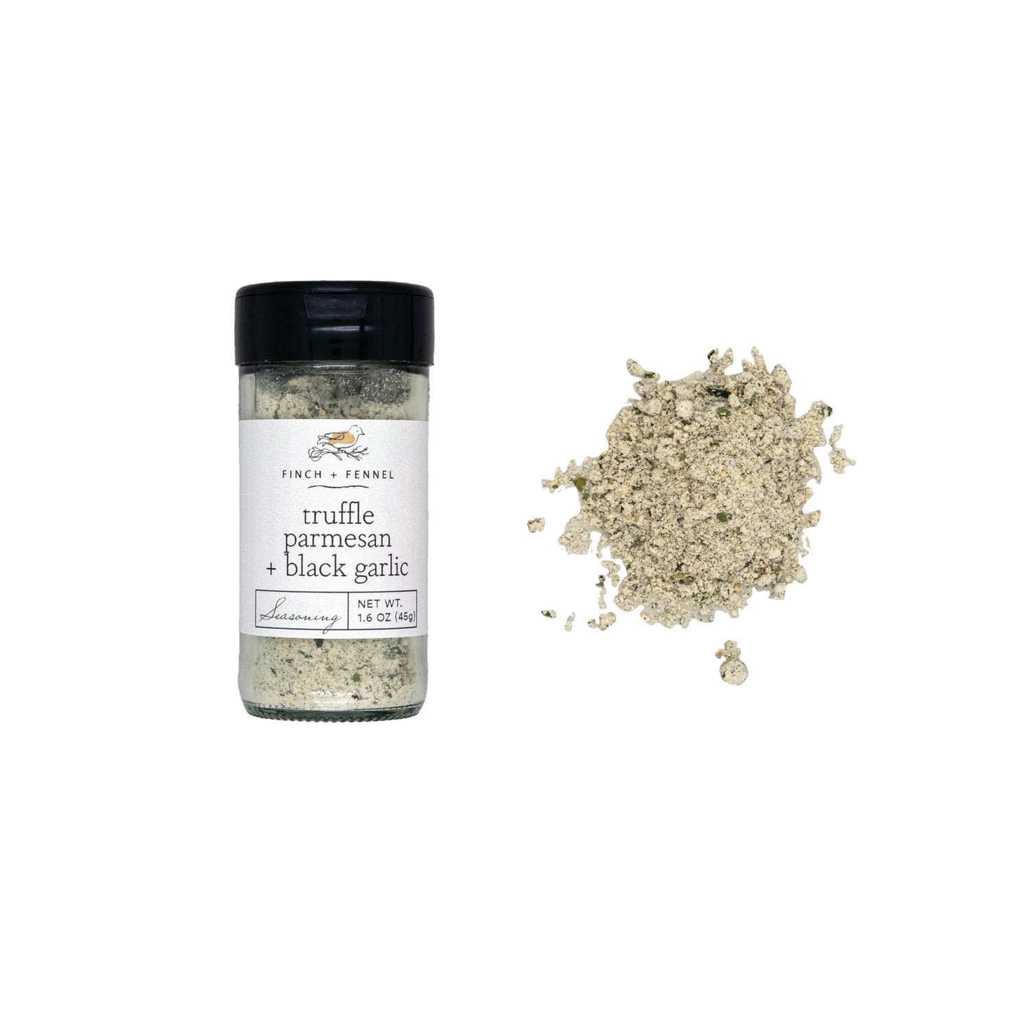 Finch + Fennel Truffle Parmesan + Black Garlic Seasoning - Our Truffle Parmesan + Black Garlic Seasoning is carefully crafted, combining the potent, savory flavors of truffles and black garlic with the salty tang of Parmesan cheese.