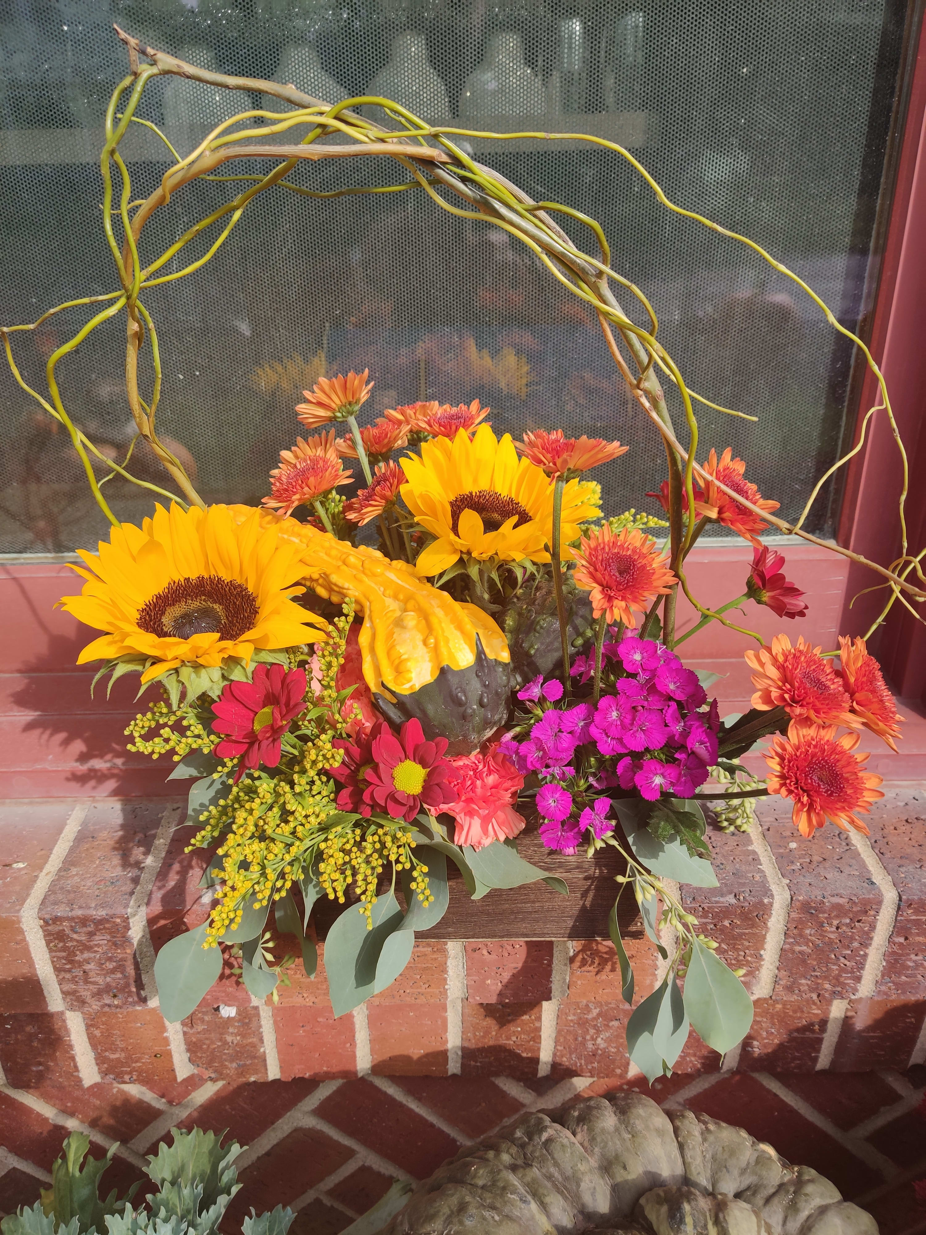 Gourd over fall - Fall decor ,sunflowers and fall goodies in a wooden box