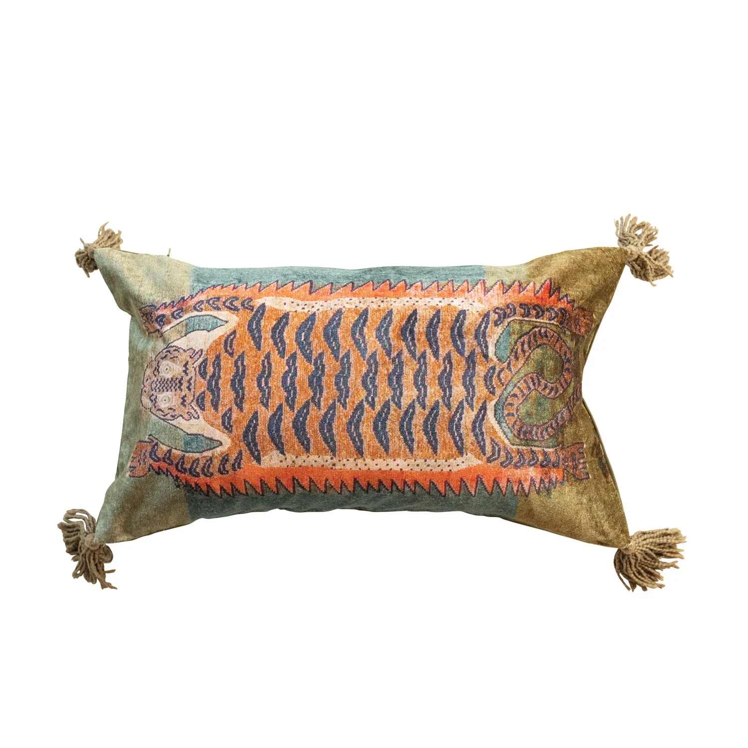 24"L x 14"H Cotton Velvet Printed Lumbar Pillow - his cotton velvet tiger lumbar pillow with tassels is a stunning accessory that will bring exotic charm to any space. The pillow features a printed tiger design in black and white, contrasted by colorful tassels on each corner. The pillow cover is made of cotton velvet, a smooth and luxurious fabric that is durable and cozy. 