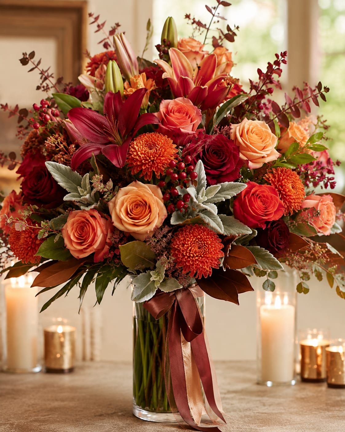 Autumn Sage Romance For Tampa Bay - Velvety deep red and warm pumpkin-orange blooms mingle with blush pink and creamy white in this Autumn Sage Romance flower arrangement-an autumn anniversary roses and lilies bouquet that reads like a candlelit embrace. The strong vertical lilies lift the composition while dense roses and chrysanthemum-like flowers form a lush, rounded center, making it an ideal romantic gift for anniversaries, a special date night, or to celebrate a meaningful milestone in Tampa Bay.  This arrangement features roses, lilies, and chrysanthemums in red, orange, pink, and white, accented with berry sprigs and muted silver foliage for texture. It arrives in a clear glass vase tied with a burgundy satin ribbon for a polished presentation; the vertical height of the lilies gives the arrangement presence on mantels or dining tables while the layered center feels intimate and full.  Designed to make the recipient feel cherished and seen, Autumn Sage Romance suits autumn celebrations, romantic evenings, or any moment you want to mark with warmth and elegance. Standard care: keep water fresh, trim stems every few days, and place away from direct heat to prolong bloom life.