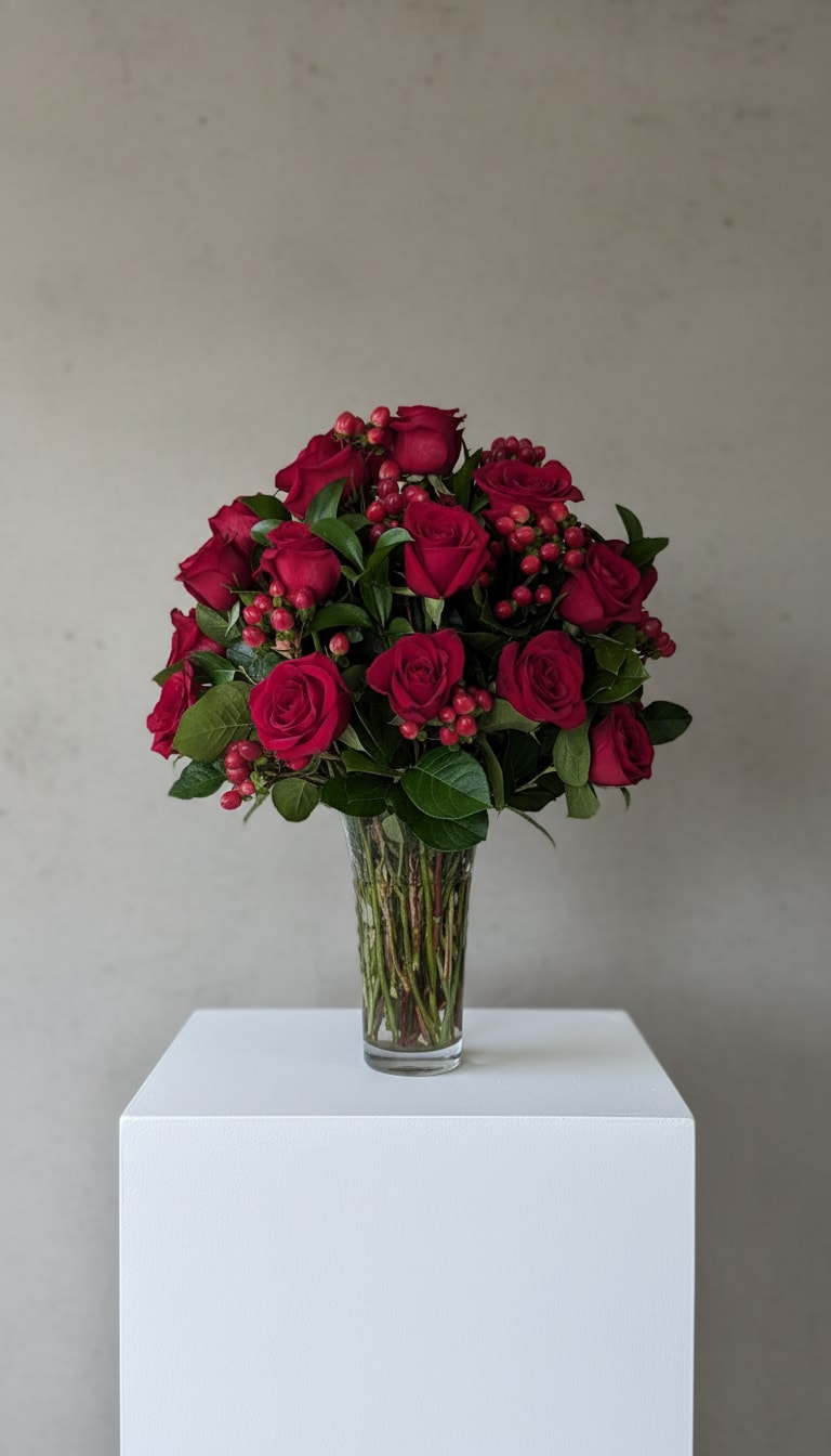 Bouquet of deep pink roses in a clear glass vase
