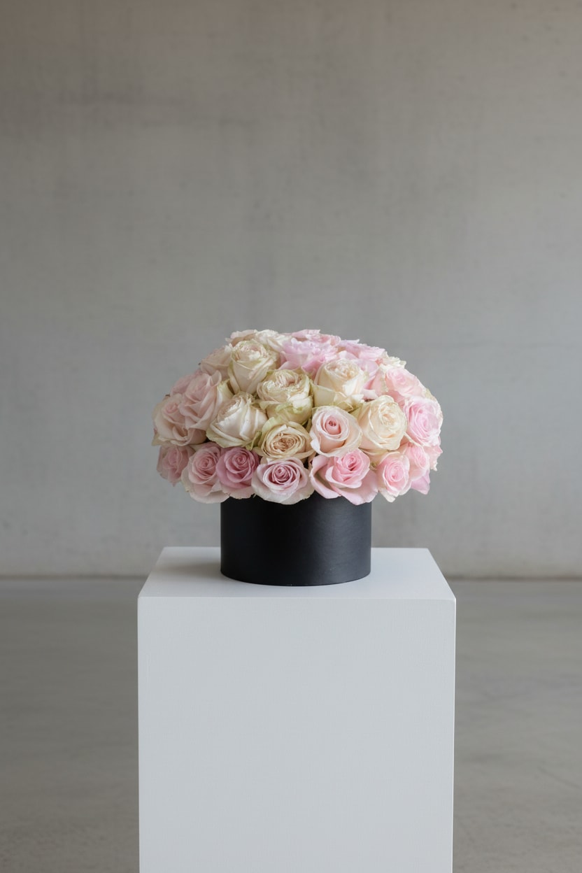 Pink Champagne - Soft romance meets modern luxury in Blush &amp; Ivory. Approximately 45 blush pink and creamy ivory roses are gathered into a lush, rounded design and presented in a sleek black hat box. The delicate color palette and abundant roses create an elegant statement for anniversaries, birthdays, romantic occasions, celebrations, or an unforgettable just-because gift.  Rose varieties and shades may vary slightly based on availability while maintaining the blush and ivory color palette, luxurious fullness, and overall value.