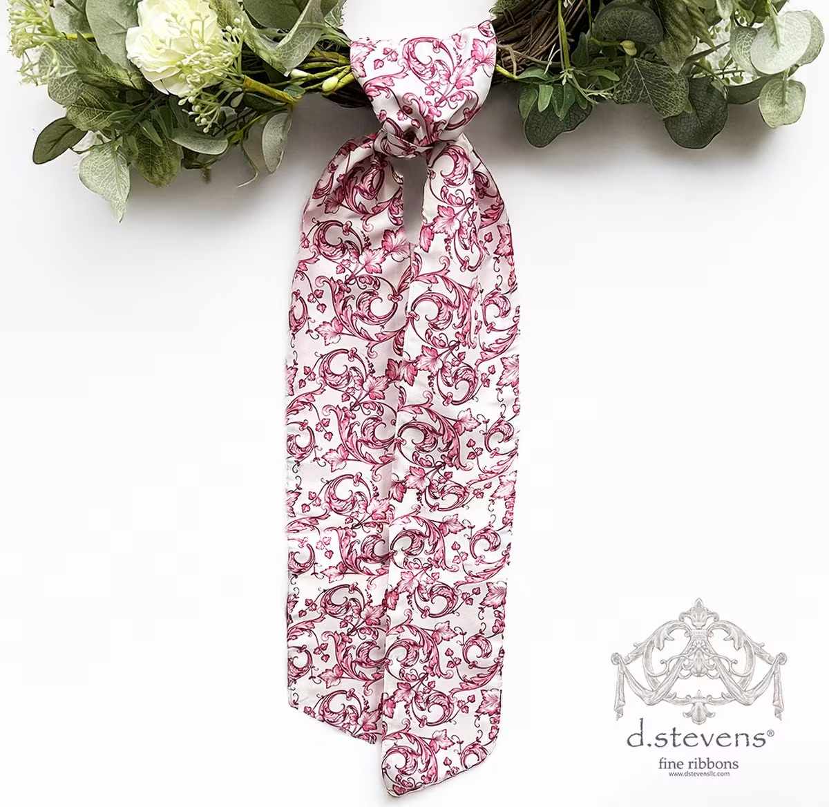 D Stevens taffeta acanthus scroll chinoiserie sash, hot pink white - 4" x 56"  Wreath sashes are used as a decorative element in premade wreaths to add a touch of elegance or color. The sash can be tied in a bow or draped artistically through the wreath for a polished look.