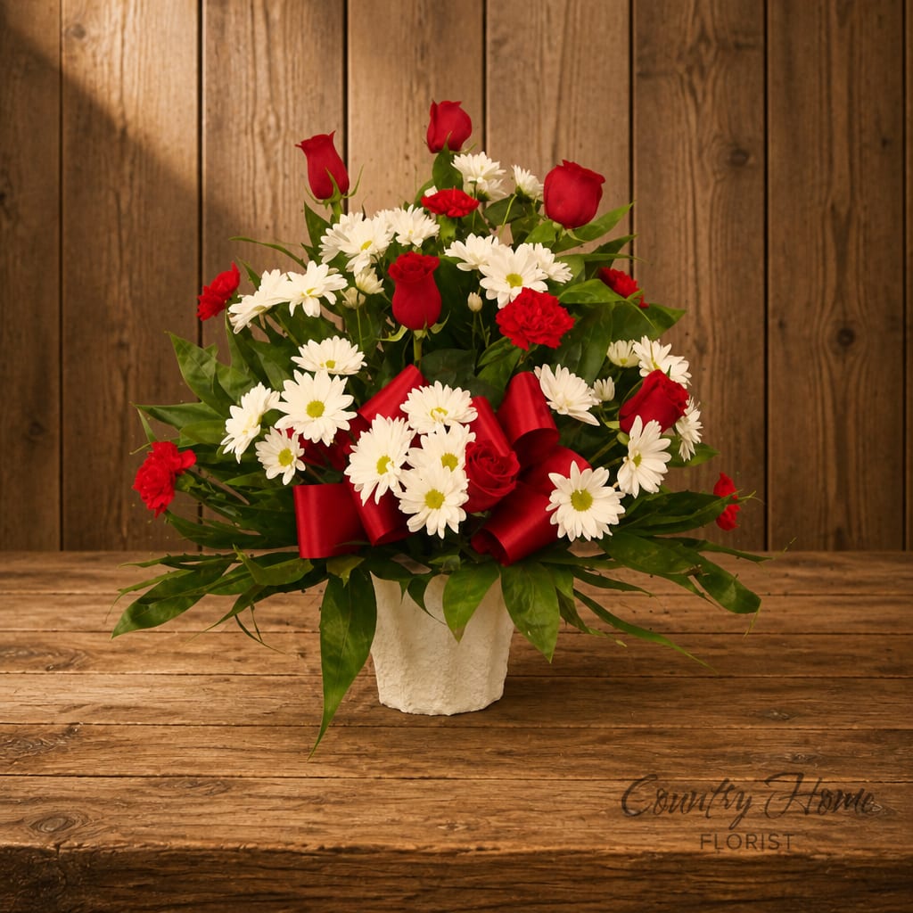 Red roses and white daisies in a white vase with red ribbon