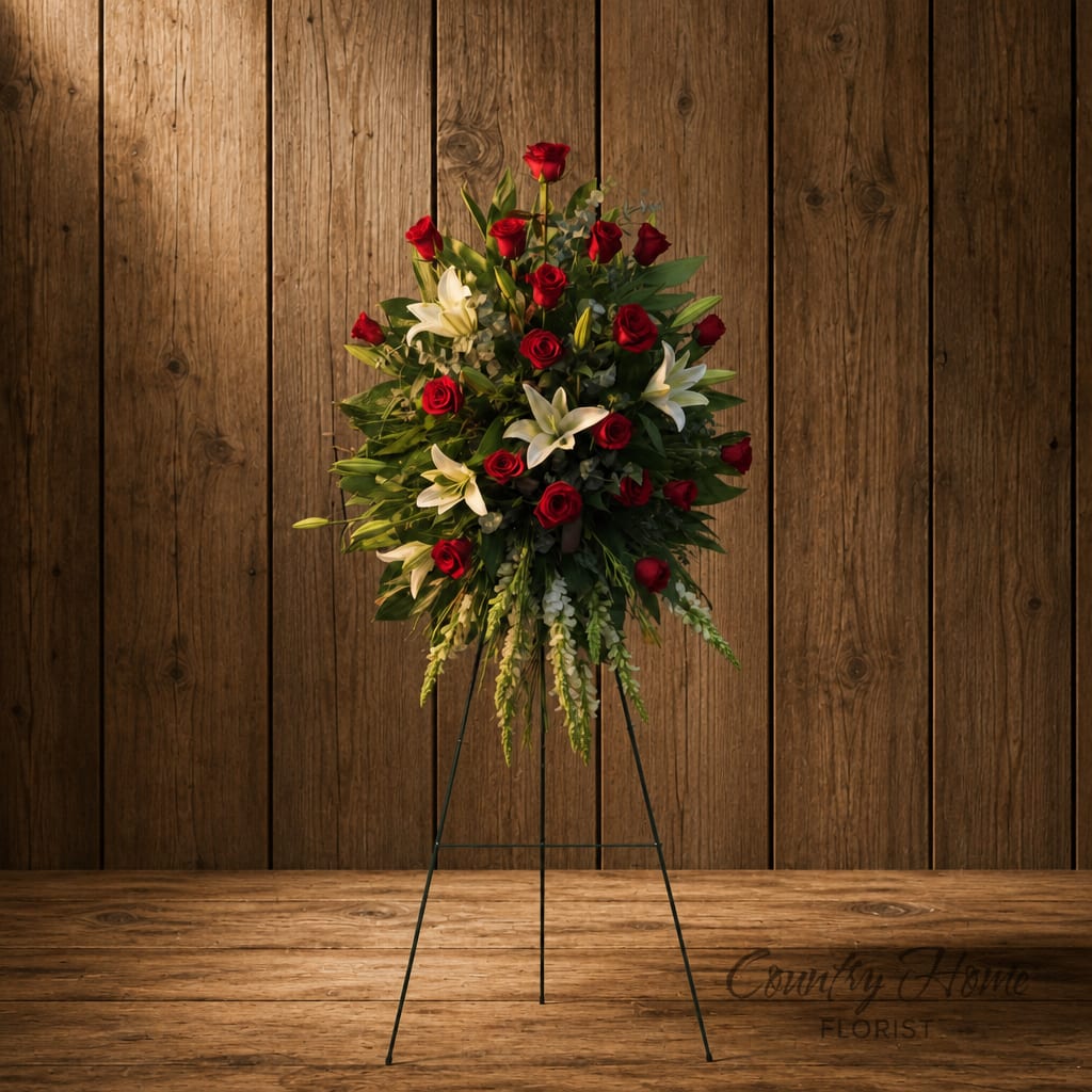 Standing floral spray with red roses and white lilies on an easel