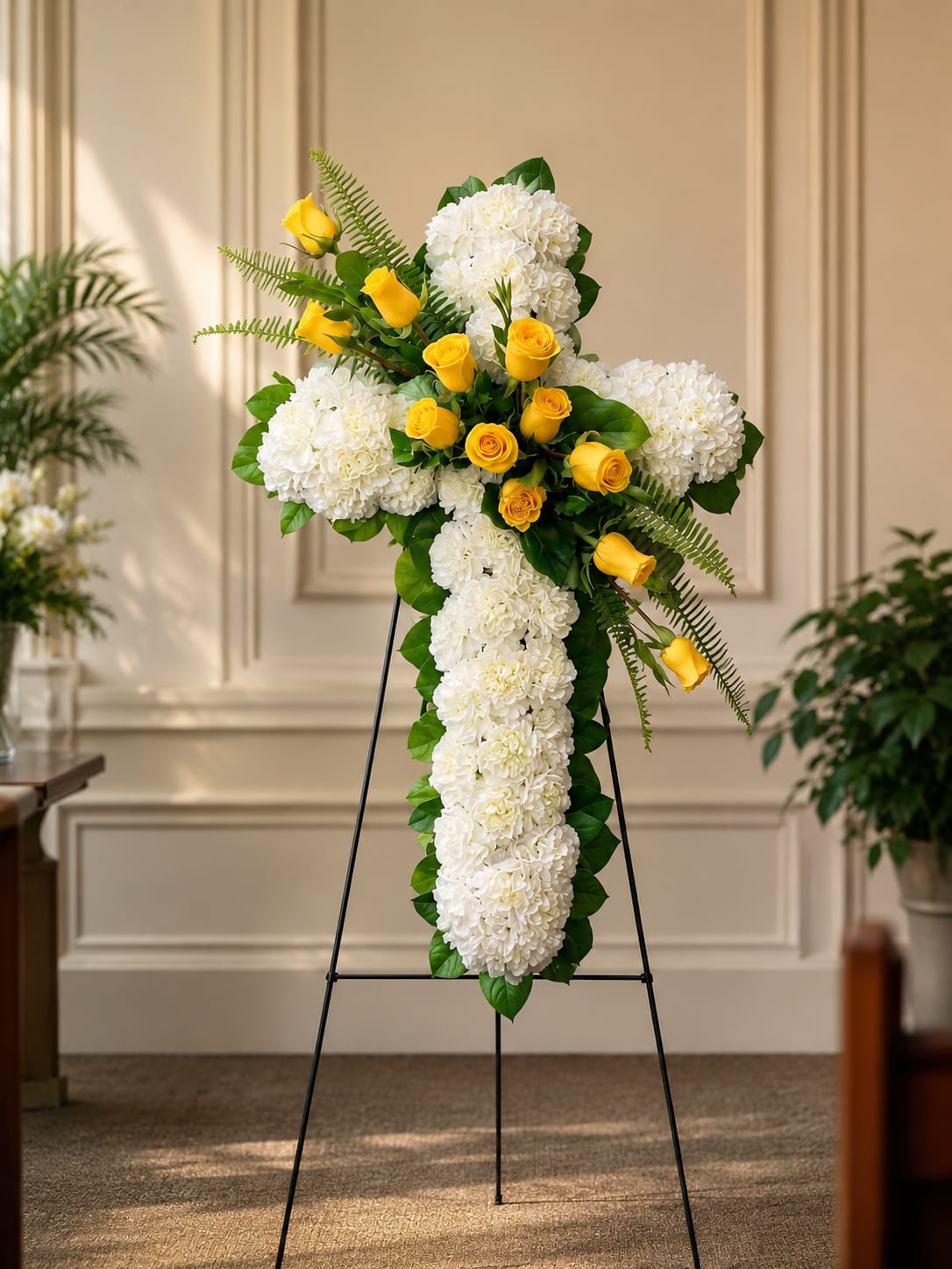 Bearer of the Cross  - A reverent standing cross crafted for sympathy and funeral services, this floral arrangement presents a dense field of white blooms shaped into a classic cross to honor a life and faith. The vertical presentation on a sturdy metal easel gives it a dignified, chapel-ready presence that reads as both comforting and respectful to those gathered.  White carnations and chrysanthemums form the solid cross, with darker green foliage subtly outlining the shape and adding depth to the design. A tasteful cluster of yellow roses and rosebuds accents one side, introducing a warm, hopeful contrast against the serene white; touches of lavender, peach and soft pink tones woven through the mix lend gentle nuance without distracting from the solemn form.  Designed to be displayed at memorial services or graveside, this arrangement communicates sympathy and reverence to the family and friends of the deceased. Mounted on the included metal easel for easy setup, it arrives ready to stand tall in a sanctuary or at a funeral home-no extra assembly required.
