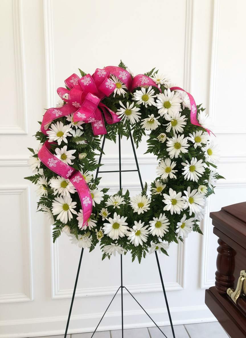 White daisy wreath with a bright pink ribbon on a black stand