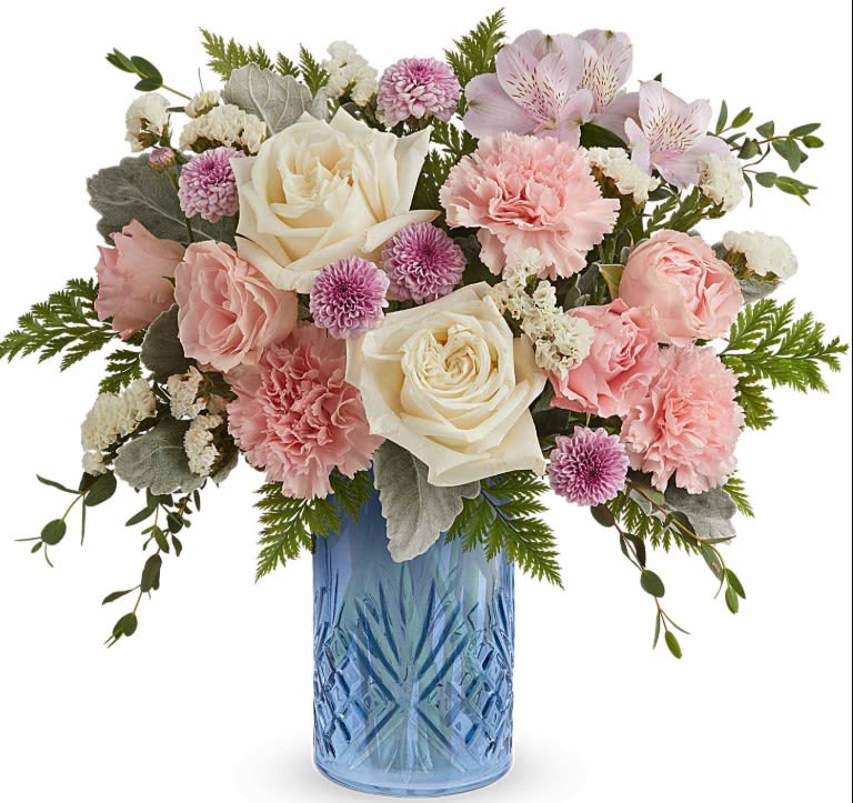 Teleflora's Blue Belle Bouquet - Teleflora's Blue Belle Bouquet is a sweet Mother's Day flower arrangement of soft pink, white, and lavender blooms, beautifully presented in Teleflora's Blue Belle Vase keepsake-perfect for celebrating Mom with fresh spring charm.