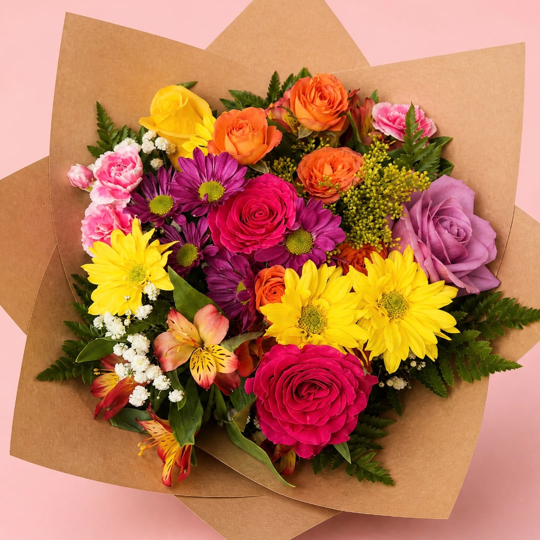 Mixed bouquet of roses, daisies, carnations, and alstroemeria in brown paper