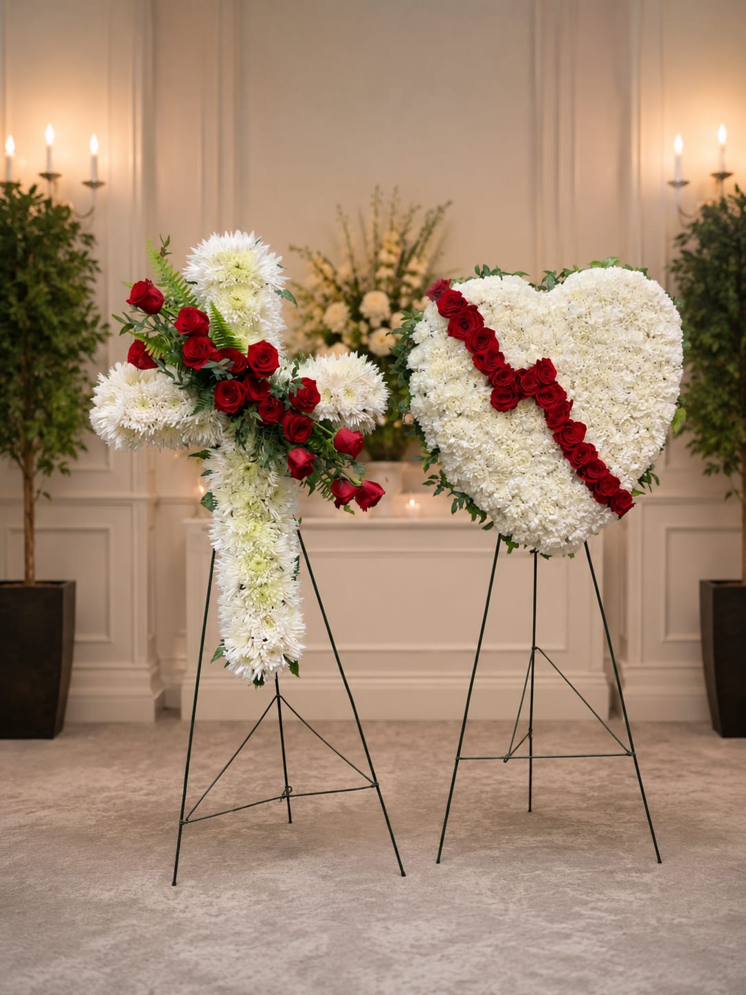 Broken Heart and Cross - A white floral cross and matching white heart, each mounted on a slender metal easel, create a dignified sympathy arrangement that honors faith and memory. The standing sympathy pieces-one cross accented with a diagonal spray of red roses and one solid white heart crossed by the same bold red band-speak plainly to funeral and memorial services while offering a visual focus for remembrance.  Crafted from white chrysanthemums and carnations as the background with clusters of red roses for the diagonal accents, the arrangements feature a subtle green edging that defines the heart's silhouette and softens the overall palette. Both pieces are densely arranged for a full, polished look and arrive ready to display on their included metal easels; they may be ordered together or separately to suit the service or graveside setting.  These designs are meant to comfort the grieving and mark a sacred moment-the cross communicates faith and the heart expresses enduring love, making them appropriate for a religious service, memorial, or funeral. For size options or to request a single piece rather than the pair, please call our shop and we'll help arrange delivery and placement details.