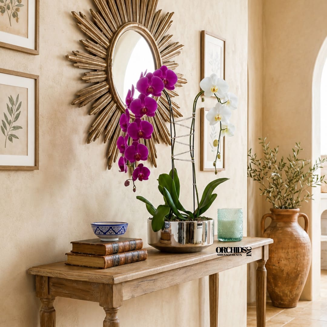 Two orchid plants in a metallic pot on a wooden table
