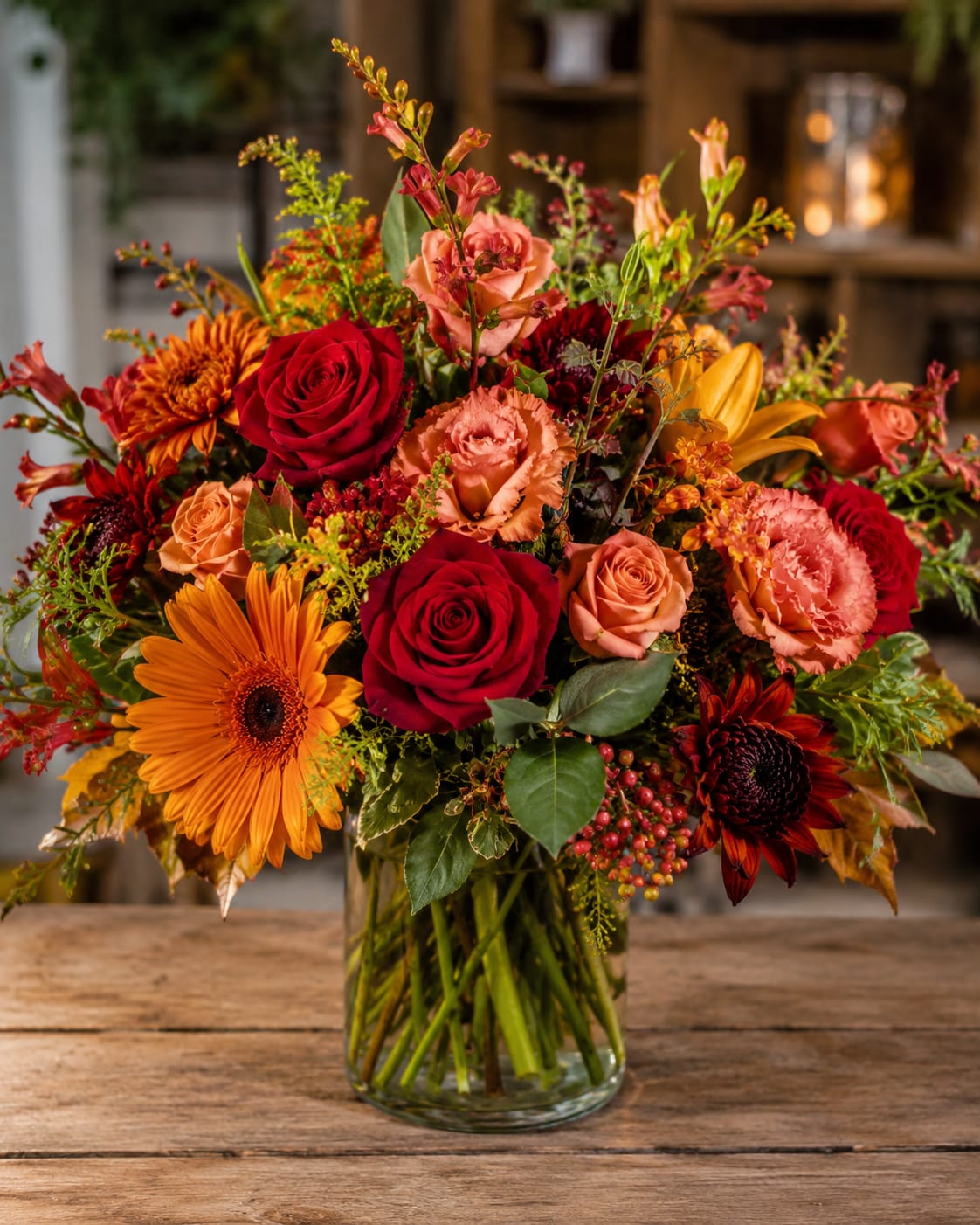 Burst of Autumn Parrish  - Deep autumn color greets the recipient with deep red roses and bright orange gerbera daisies set against peach-pink carnations - a fall flower arrangement perfect for a birthday, a romantic gesture, or to celebrate seasonal moments. The warm mix of reds, oranges, pinks, and golds reads as both rich and lively, the kind of bouquet that will make the person you're thinking of feel cozy, cherished, and celebrated.  This garden-style arrangement is densely packed in a clear glass vase and finished with small berry-like accents and varied textured foliage for visual depth. The combination of roses, gerbera daisies, carnations, and filler blooms creates a full, layered look that holds its shape on tabletops or entryway consoles. Available in one classic size; arrange arrives ready-to-display in the included clear glass vase with simple care: fresh water, a cool spot away from direct heat, and occasional recutting of stems to extend bloom life.