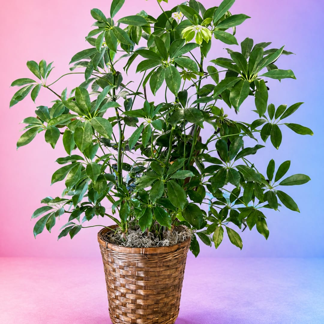 Potted green houseplant in a woven basket planter